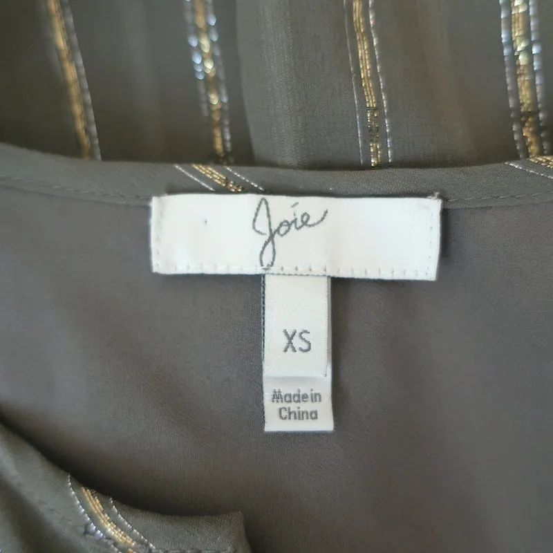Joie Tiered Midi Dress Klea Olive/Gold Metallic-Striped Silk Size Extra Small