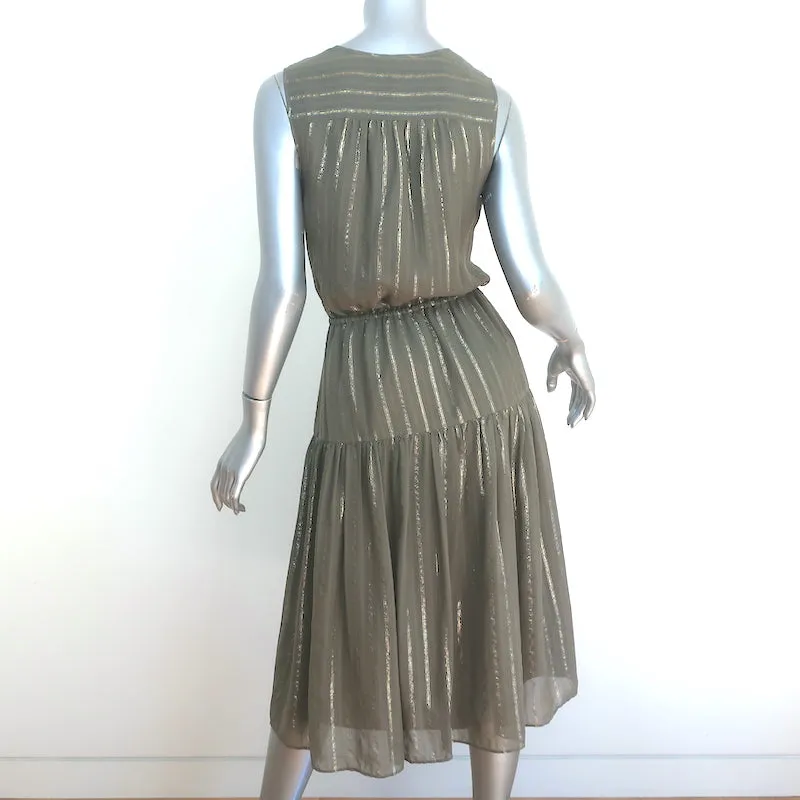 Joie Tiered Midi Dress Klea Olive/Gold Metallic-Striped Silk Size Extra Small