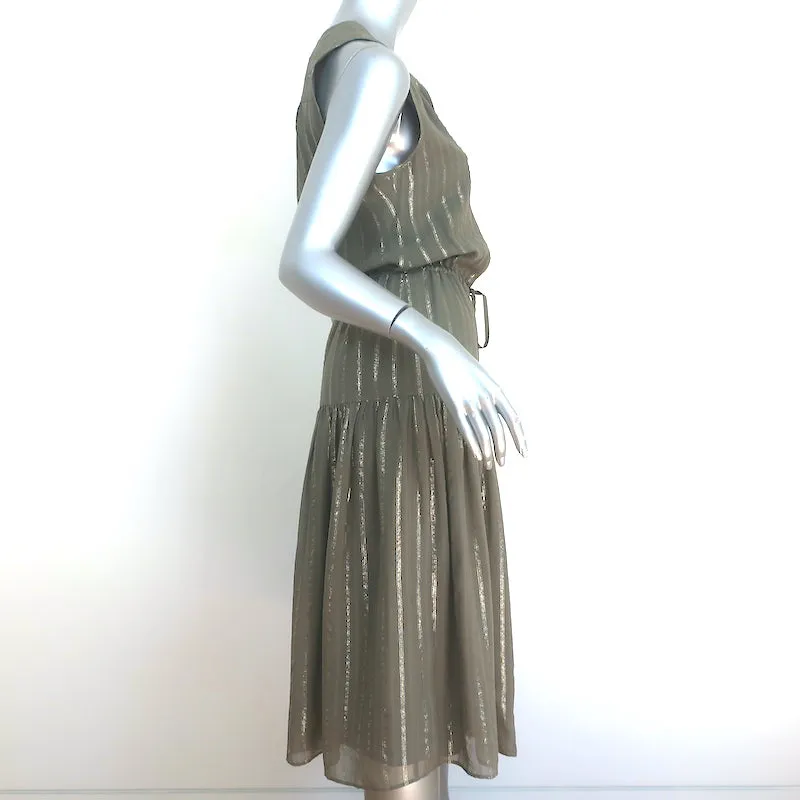 Joie Tiered Midi Dress Klea Olive/Gold Metallic-Striped Silk Size Extra Small