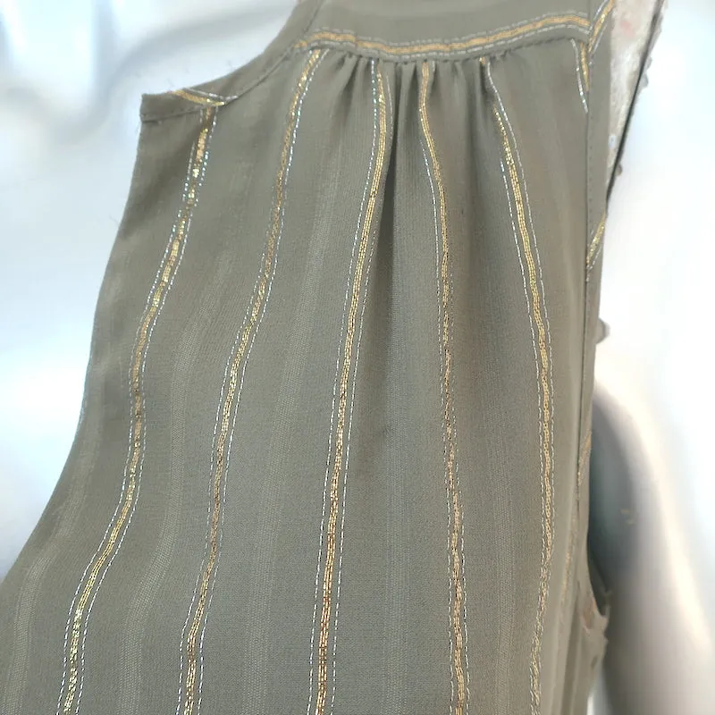 Joie Tiered Midi Dress Klea Olive/Gold Metallic-Striped Silk Size Extra Small