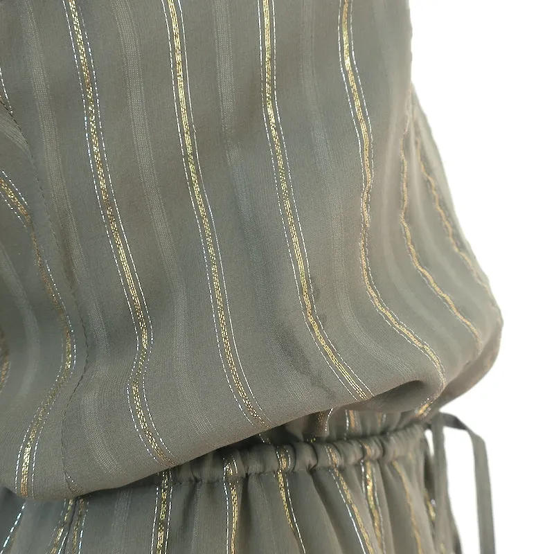 Joie Tiered Midi Dress Klea Olive/Gold Metallic-Striped Silk Size Extra Small
