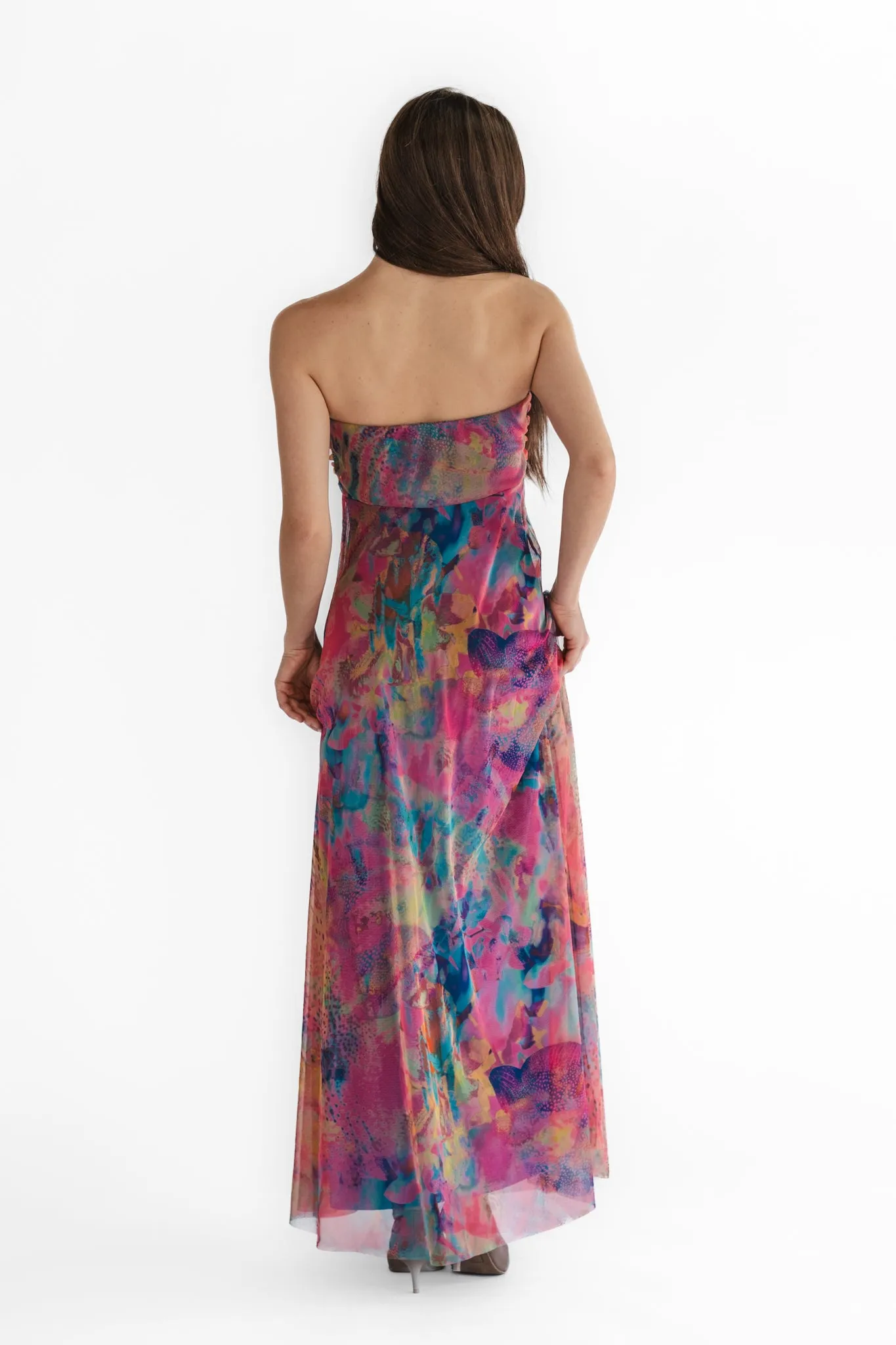 JORDANA 817 Long Strapless Flared Empire Mesh Print Dress