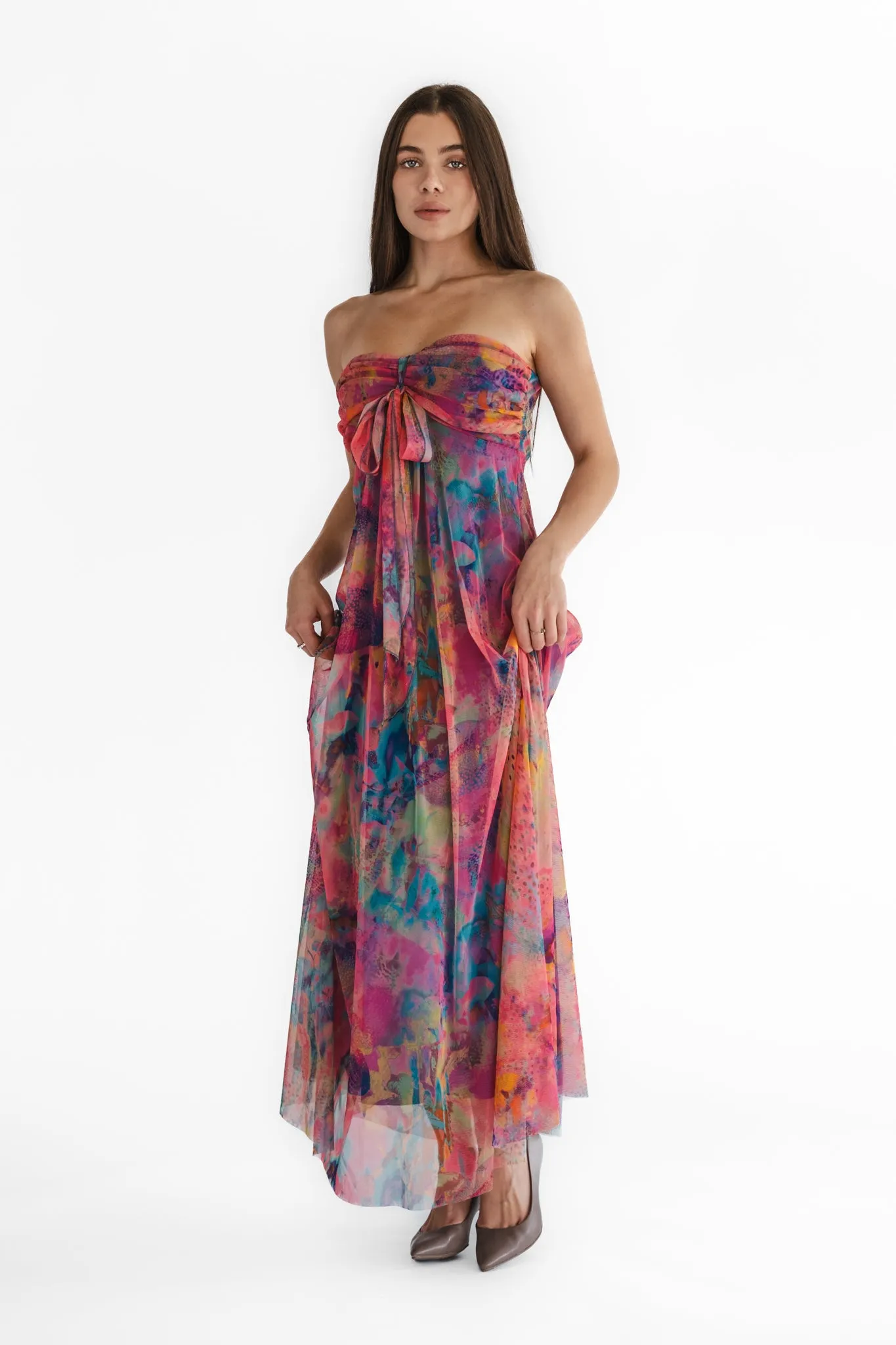 JORDANA 817 Long Strapless Flared Empire Mesh Print Dress