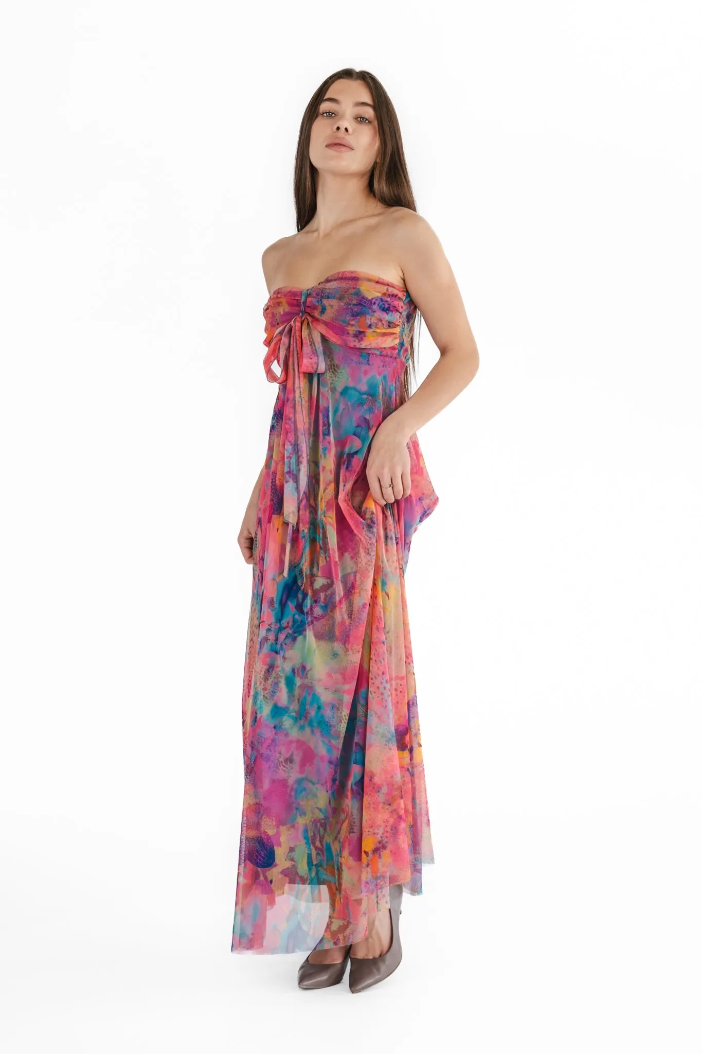 JORDANA 817 Long Strapless Flared Empire Mesh Print Dress