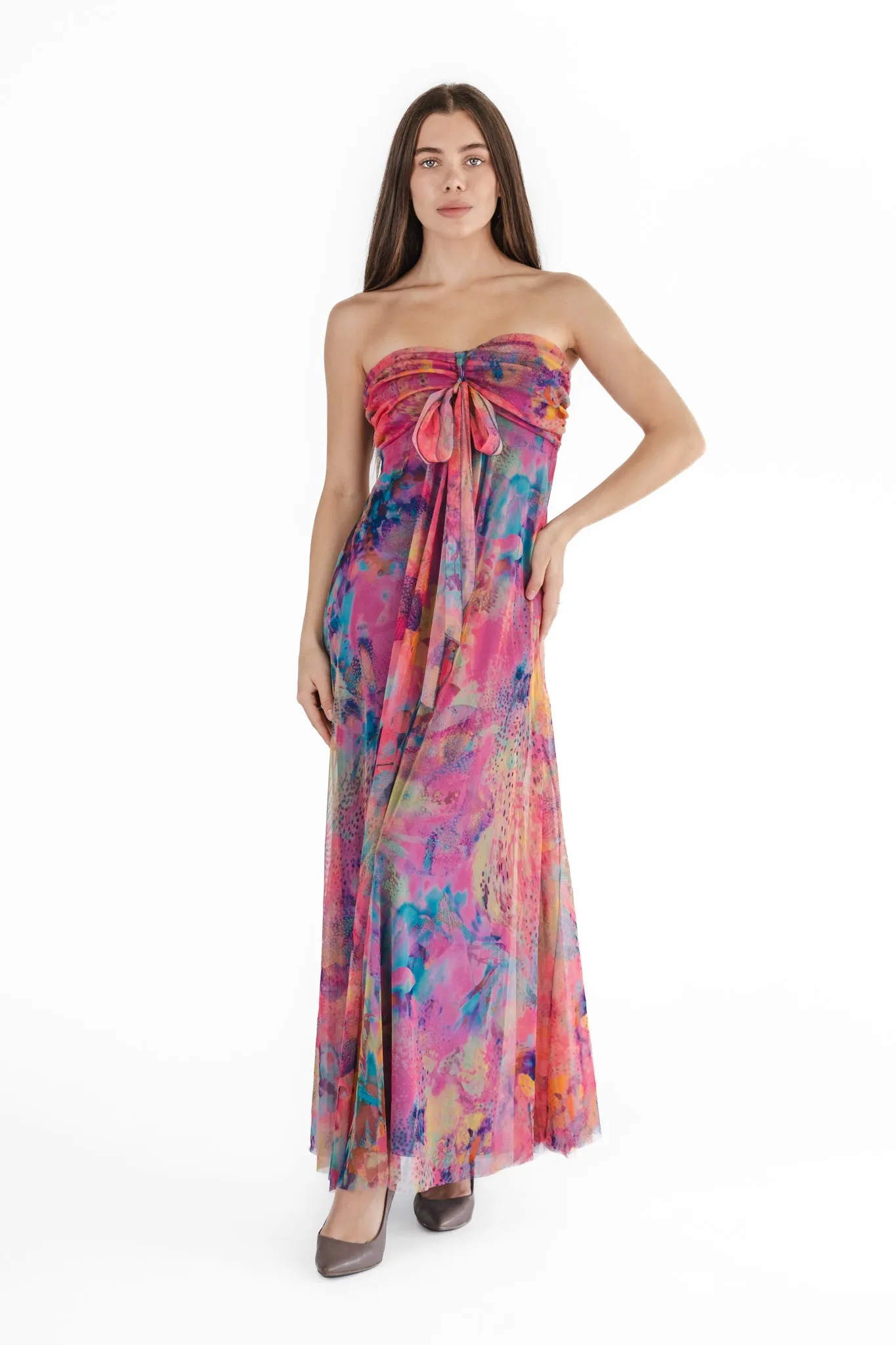 JORDANA 817 Long Strapless Flared Empire Mesh Print Dress