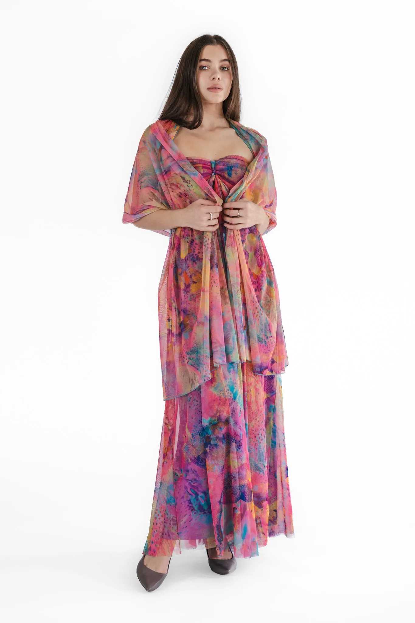 JORDANA 817 Long Strapless Flared Empire Mesh Print Dress