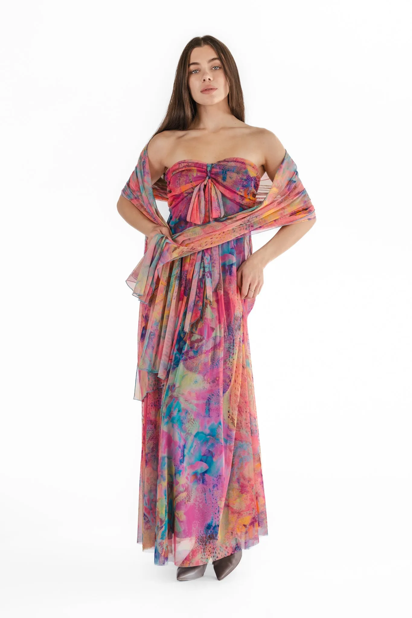 JORDANA 817 Long Strapless Flared Empire Mesh Print Dress