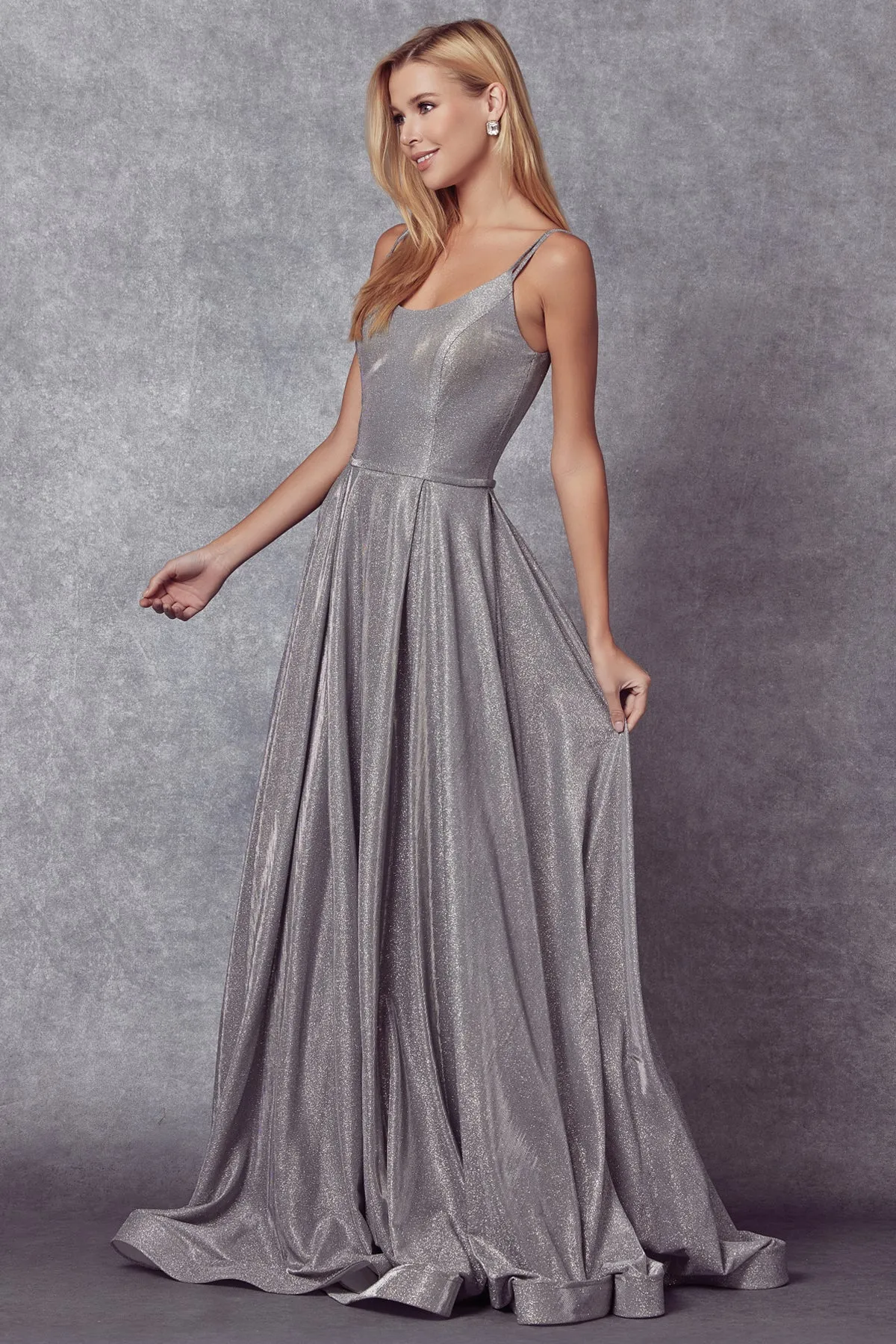Juliet 206 Long A-Line Glitter Gown Side Pockets