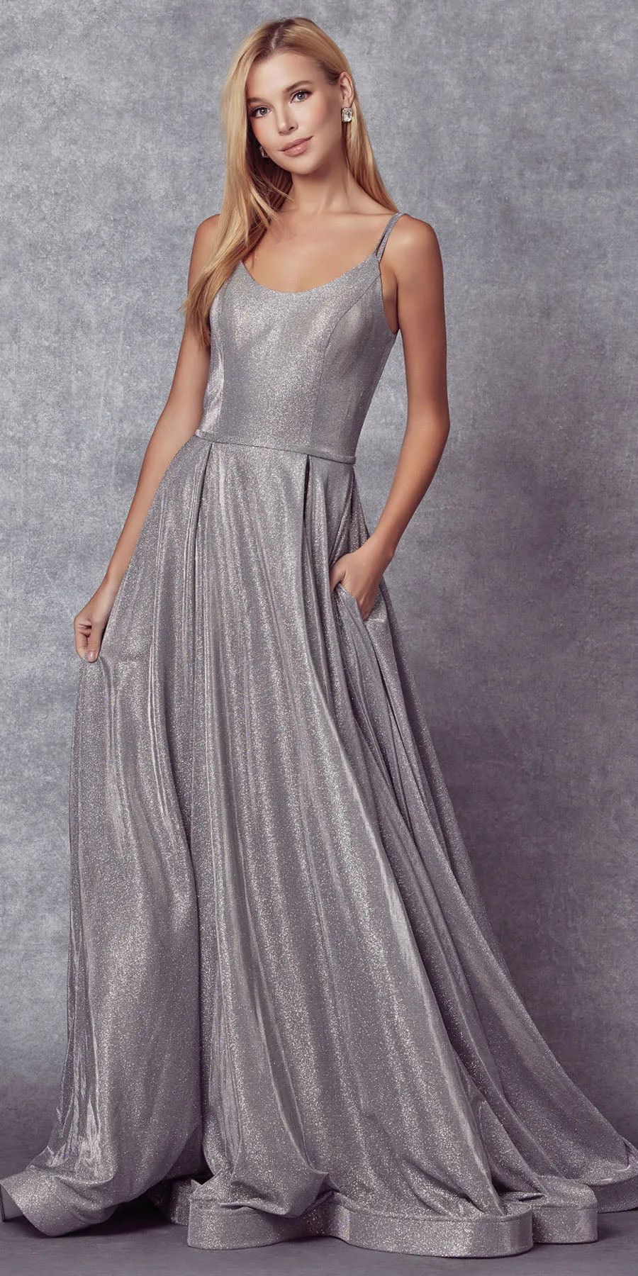 Juliet 206 Long A-Line Glitter Gown Side Pockets