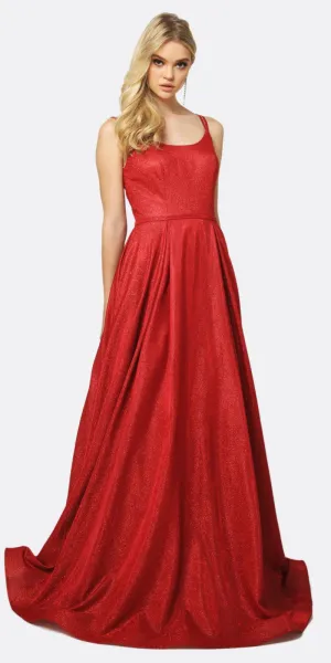 Juliet 206 Long A-Line Glitter Gown Side Pockets