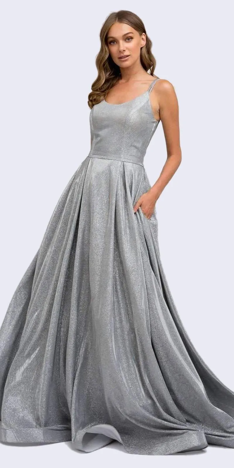 Juliet 206 Long A-Line Glitter Gown Side Pockets