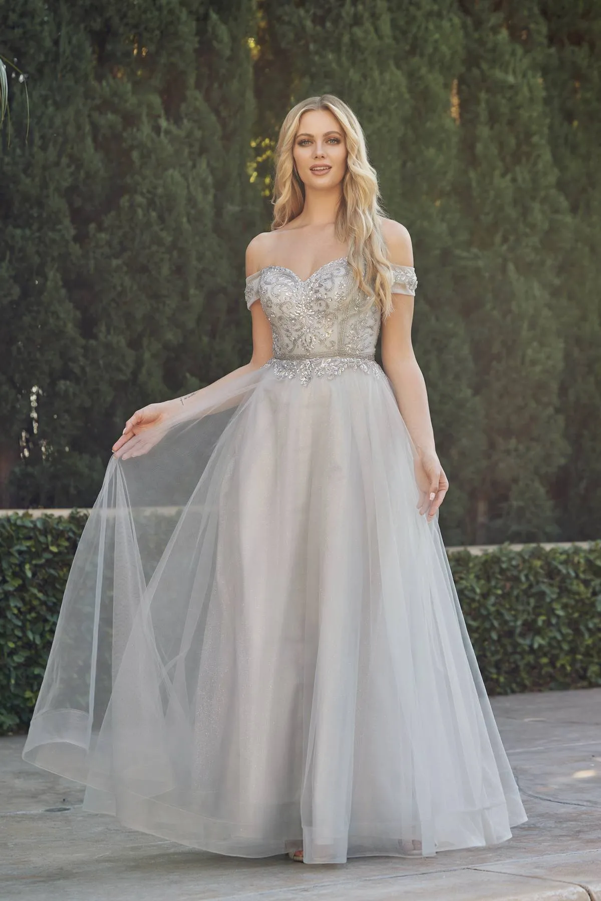 Juliet 287 Long Off the Shoulder Beaded Top A-Line Prom Dress