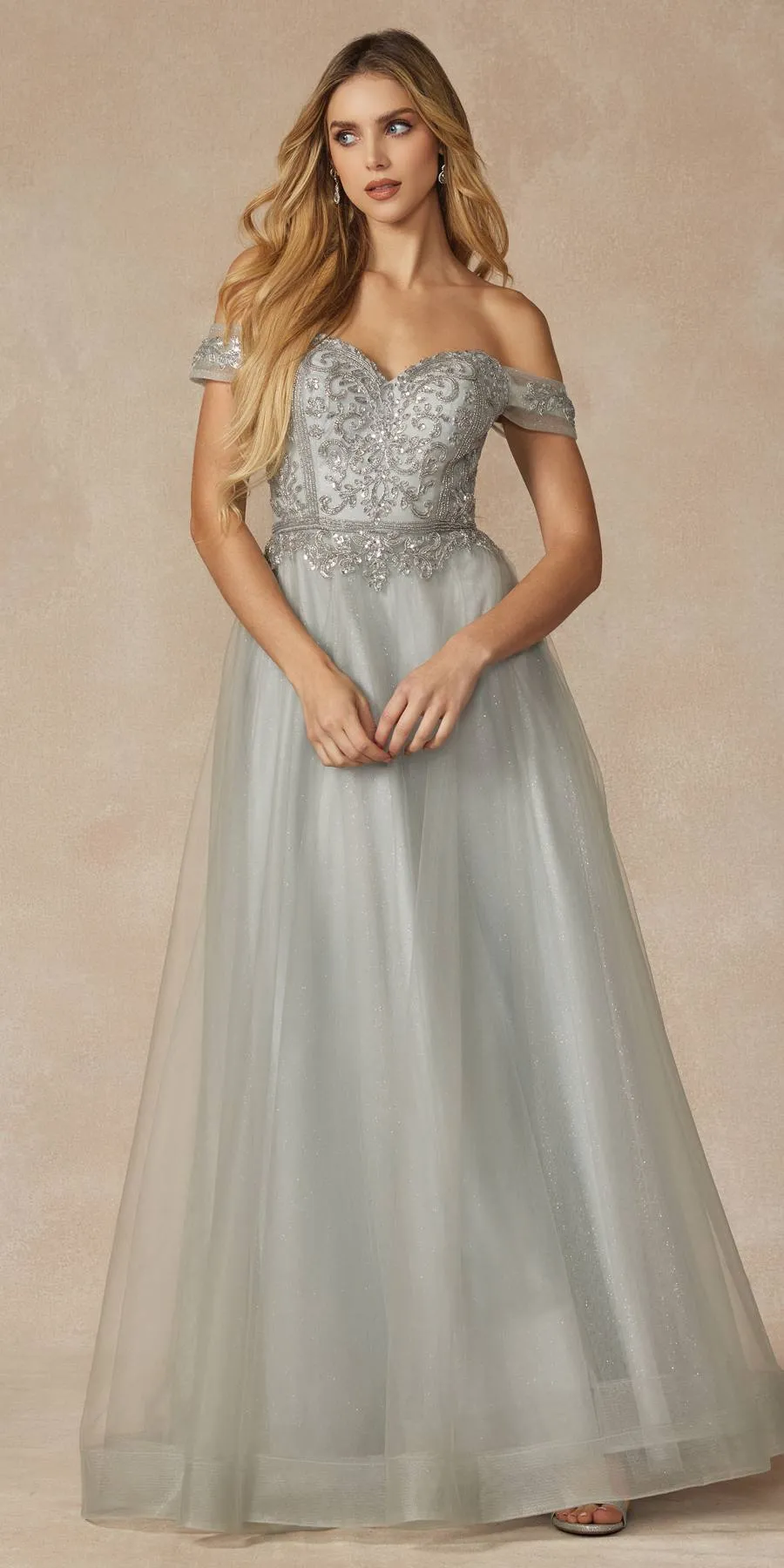 Juliet 287 Long Off the Shoulder Beaded Top A-Line Prom Dress