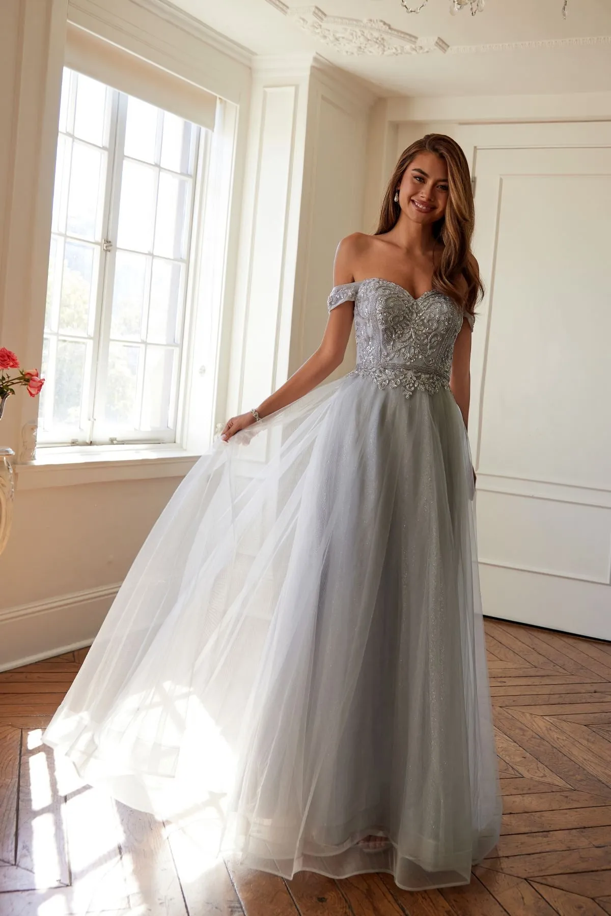 Juliet 287 Long Off the Shoulder Beaded Top A-Line Prom Dress