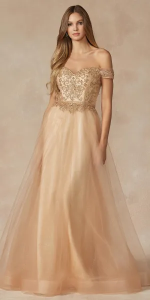 Juliet 287 Long Off the Shoulder Beaded Top A-Line Prom Dress
