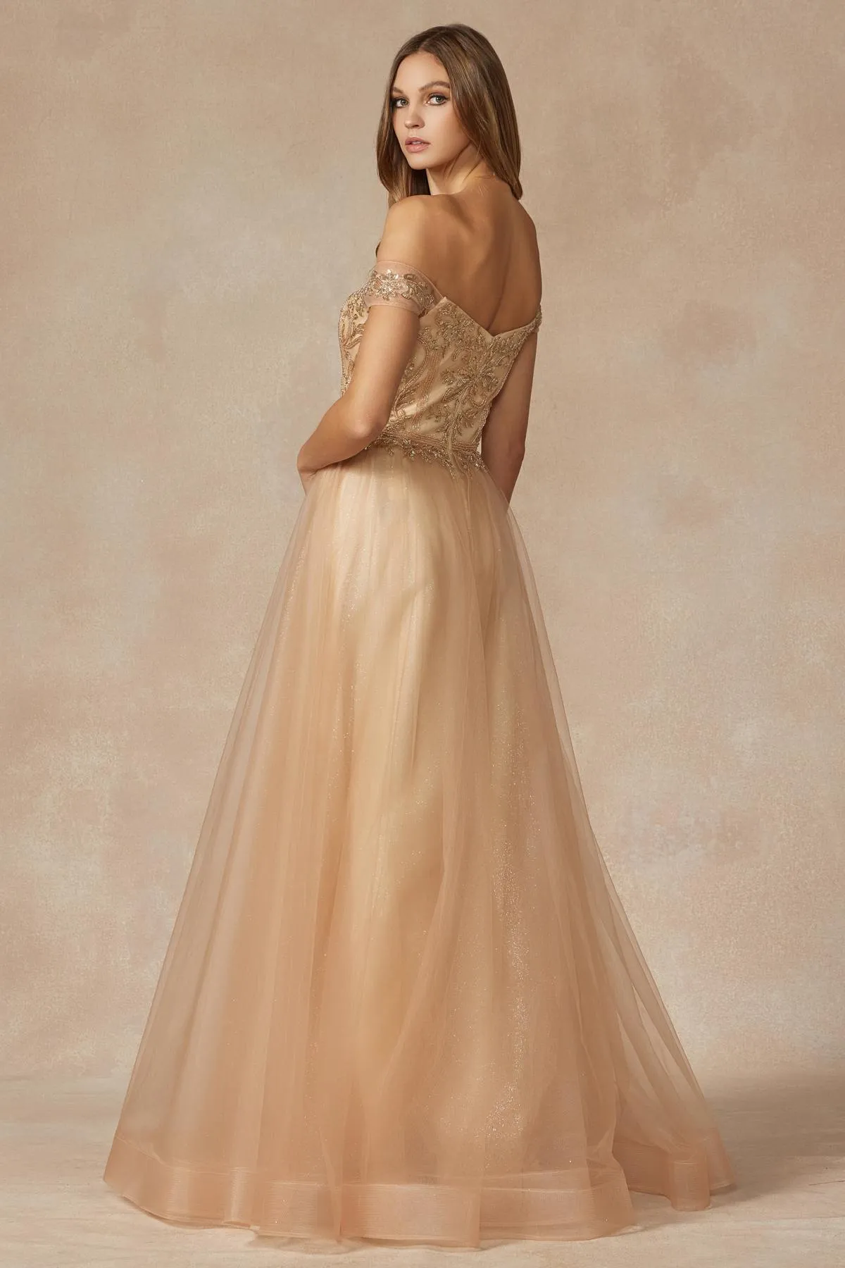 Juliet 287 Long Off the Shoulder Beaded Top A-Line Prom Dress