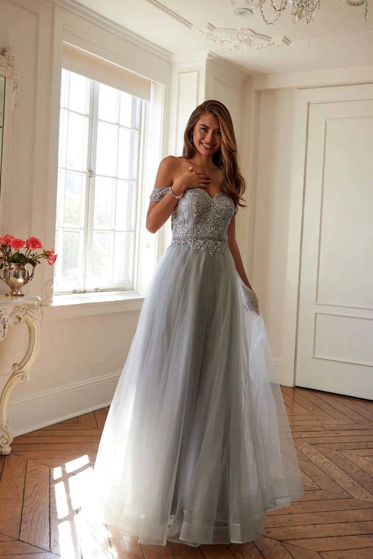 Juliet 287 Long Off the Shoulder Beaded Top A-Line Prom Dress