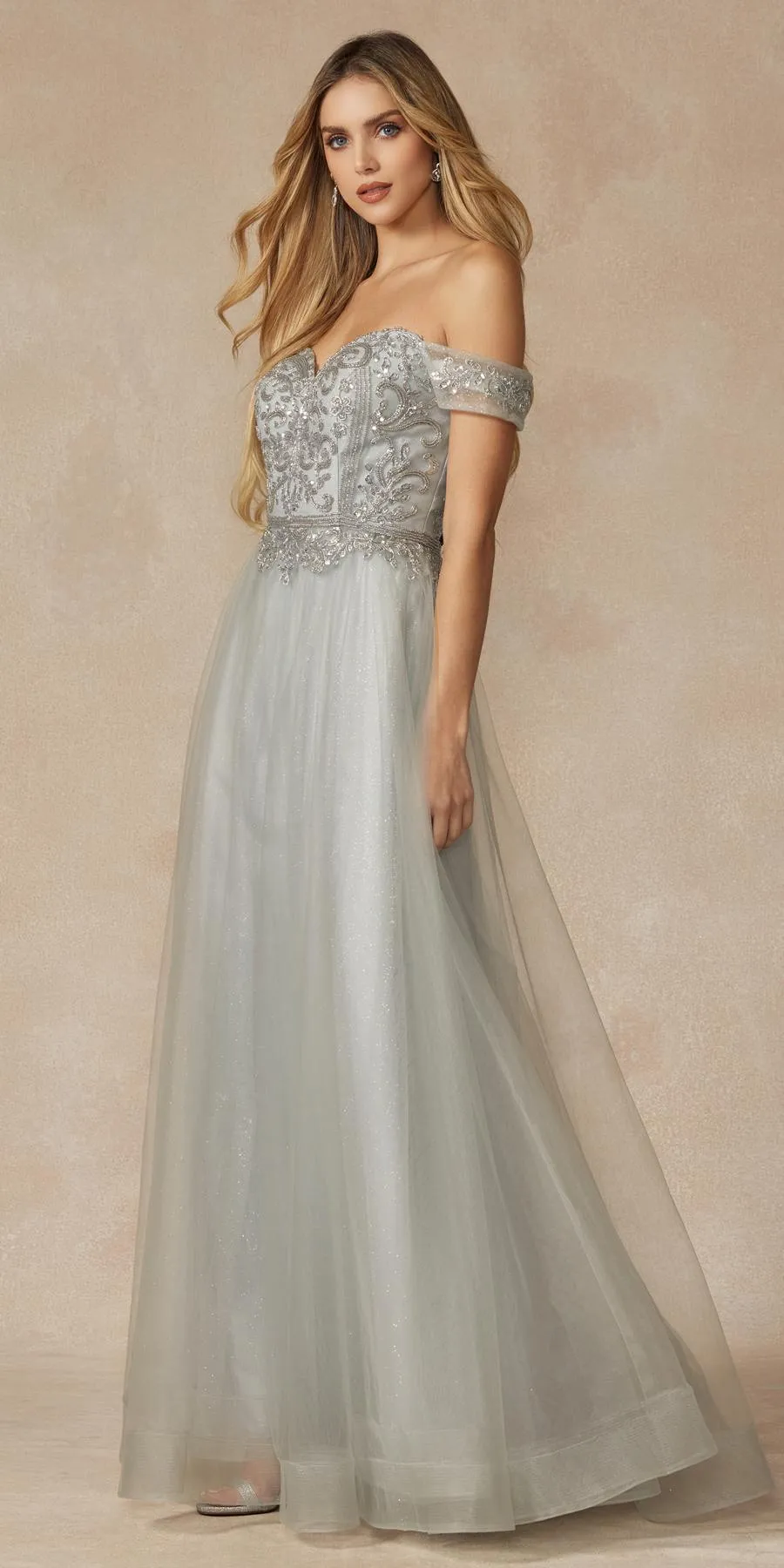 Juliet 287 Long Off the Shoulder Beaded Top A-Line Prom Dress