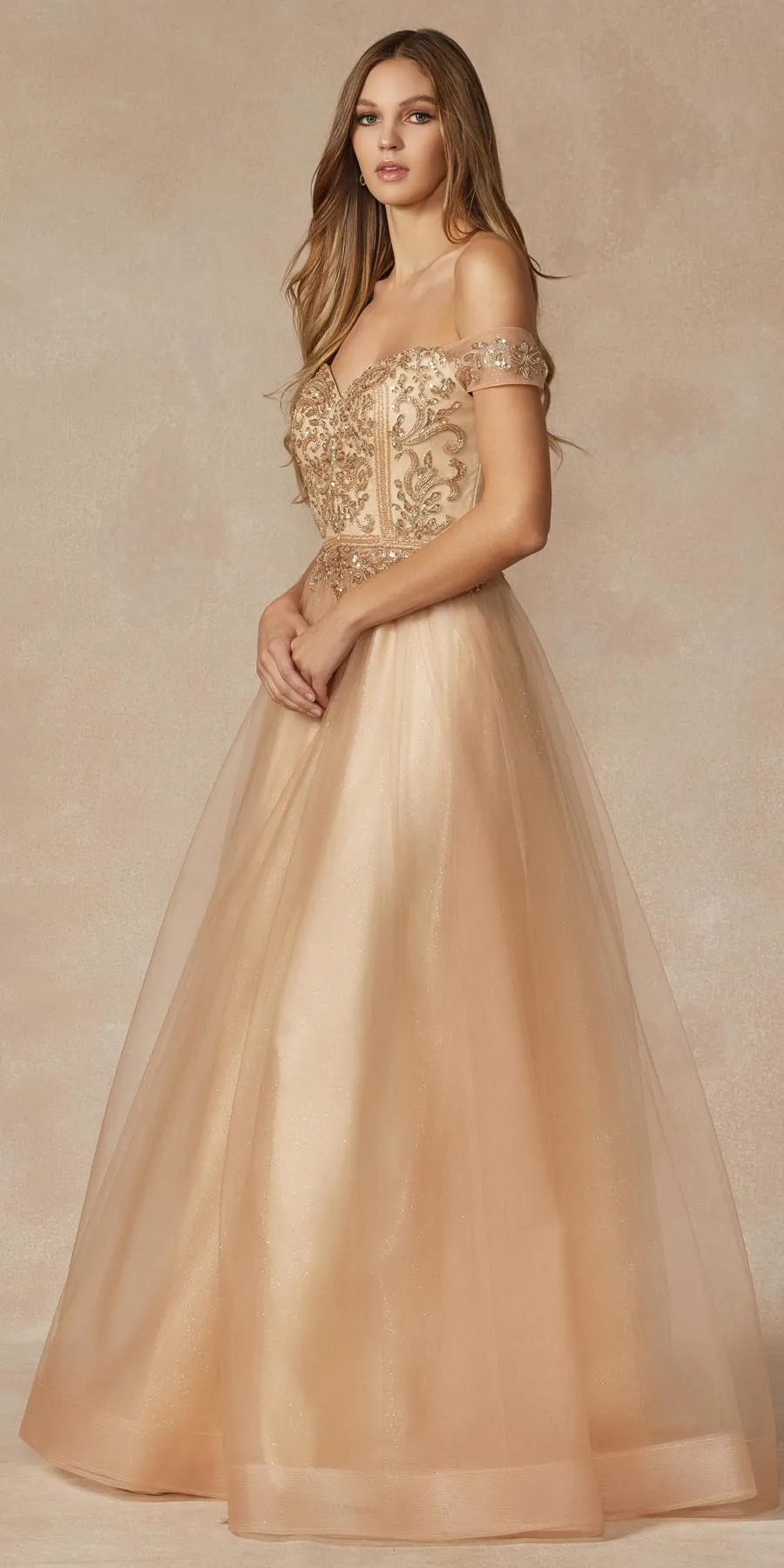 Juliet 287 Long Off the Shoulder Beaded Top A-Line Prom Dress