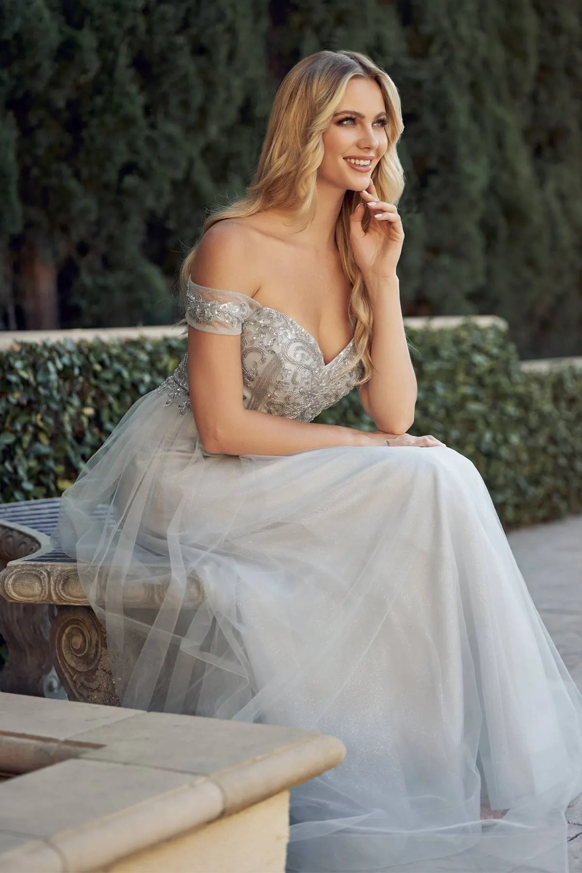 Juliet 287 Long Off the Shoulder Beaded Top A-Line Prom Dress