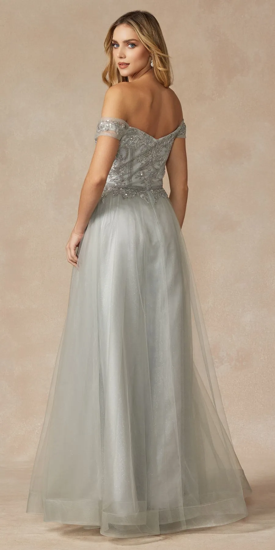 Juliet 287 Long Off the Shoulder Beaded Top A-Line Prom Dress