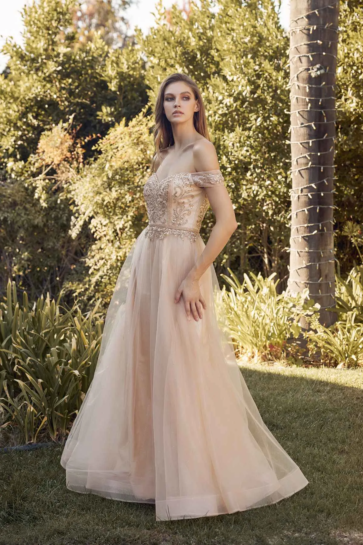 Juliet 287 Long Off the Shoulder Beaded Top A-Line Prom Dress