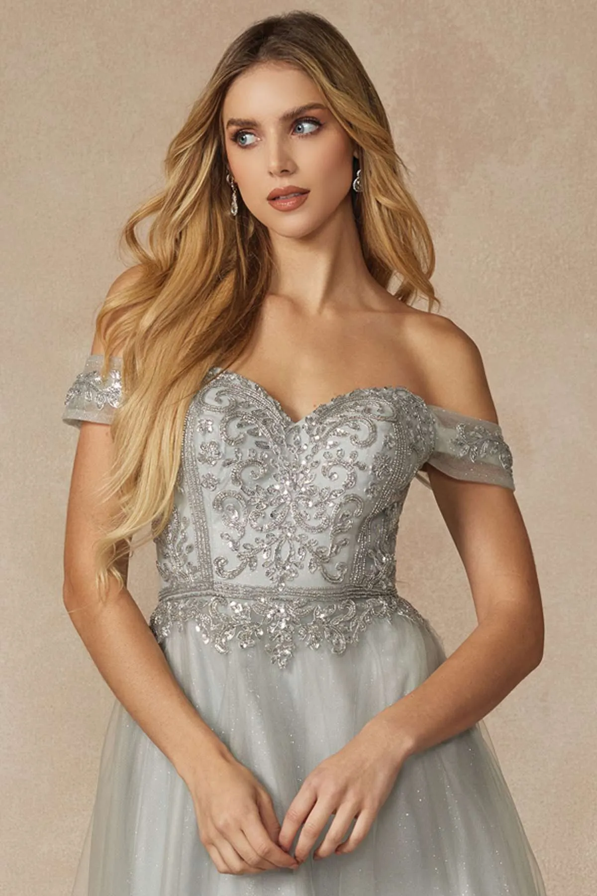 Juliet 287 Long Off the Shoulder Beaded Top A-Line Prom Dress