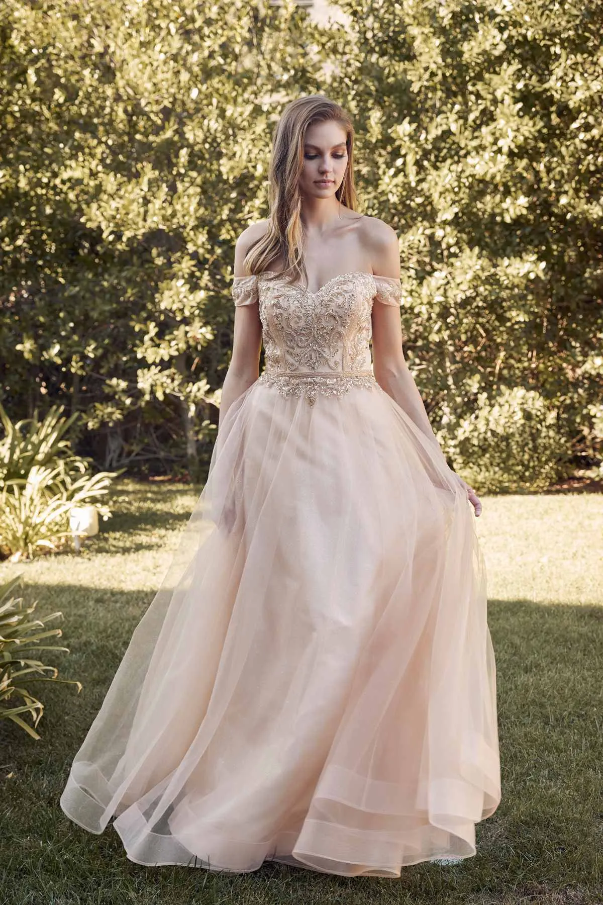Juliet 287 Long Off the Shoulder Beaded Top A-Line Prom Dress