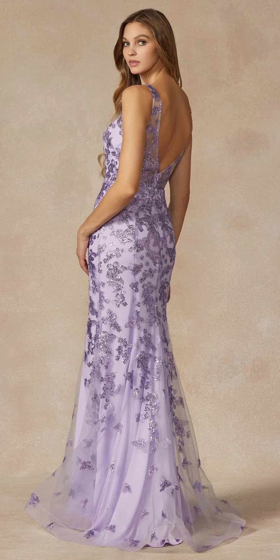 Juliet 294 Long Butterfly Appliques Low V-Neck Prom Dress
