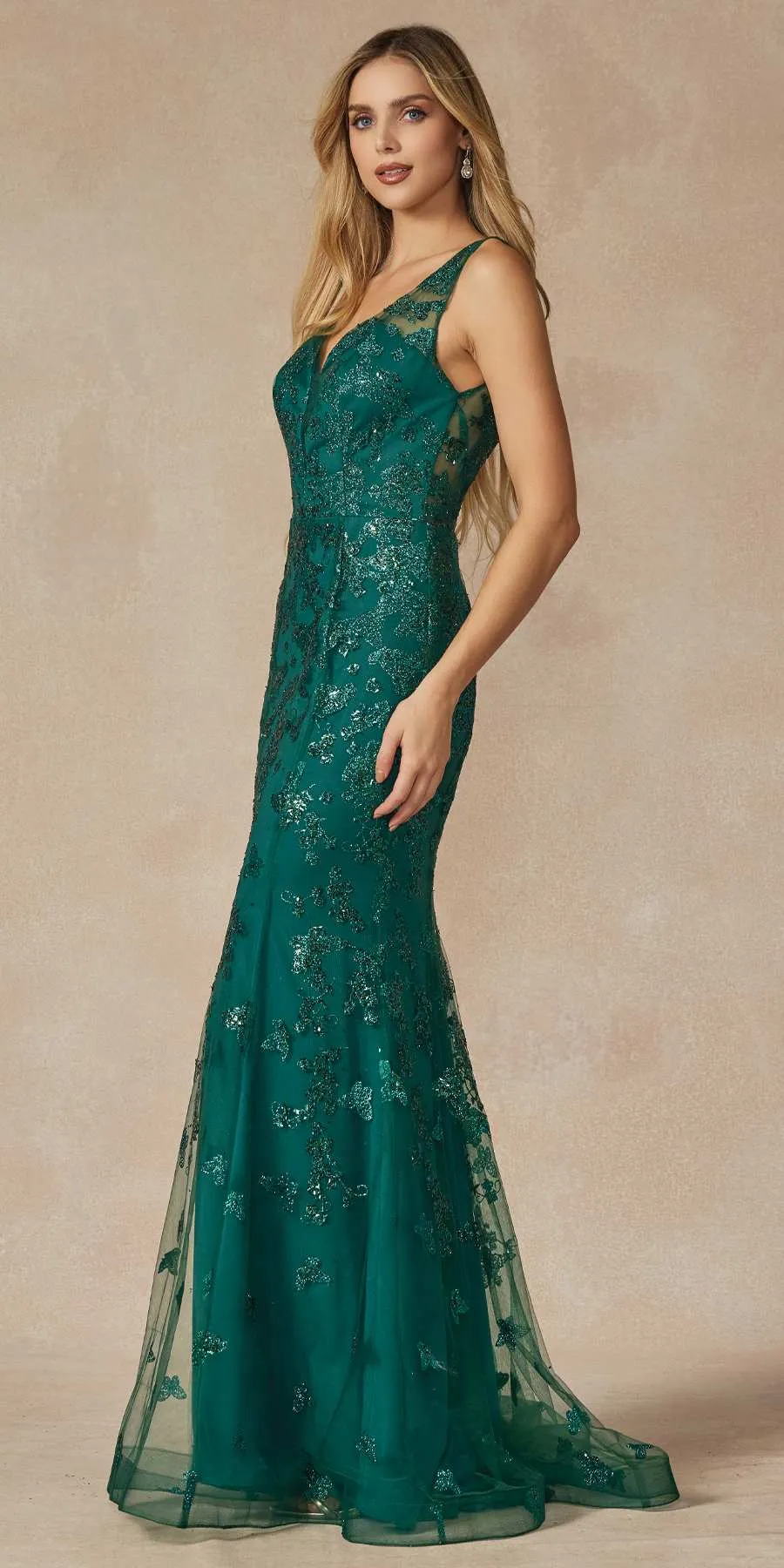 Juliet 294 Long Butterfly Appliques Low V-Neck Prom Dress