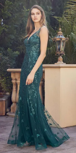 Juliet 294 Long Butterfly Appliques Low V-Neck Prom Dress