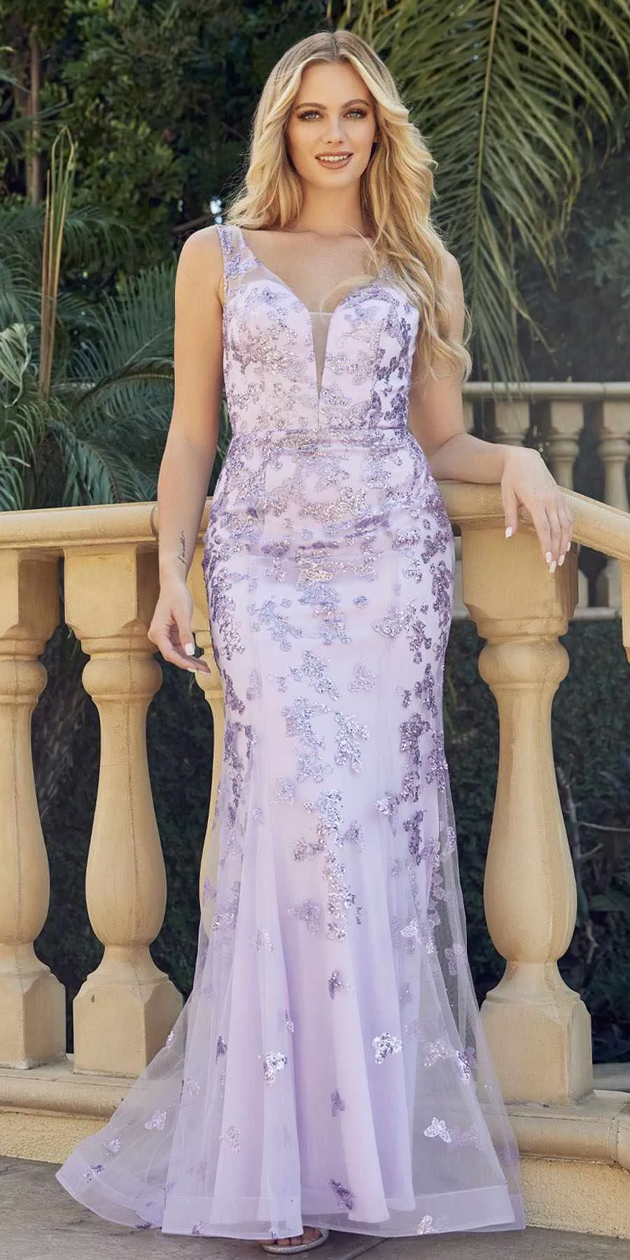 Juliet 294 Long Butterfly Appliques Low V-Neck Prom Dress