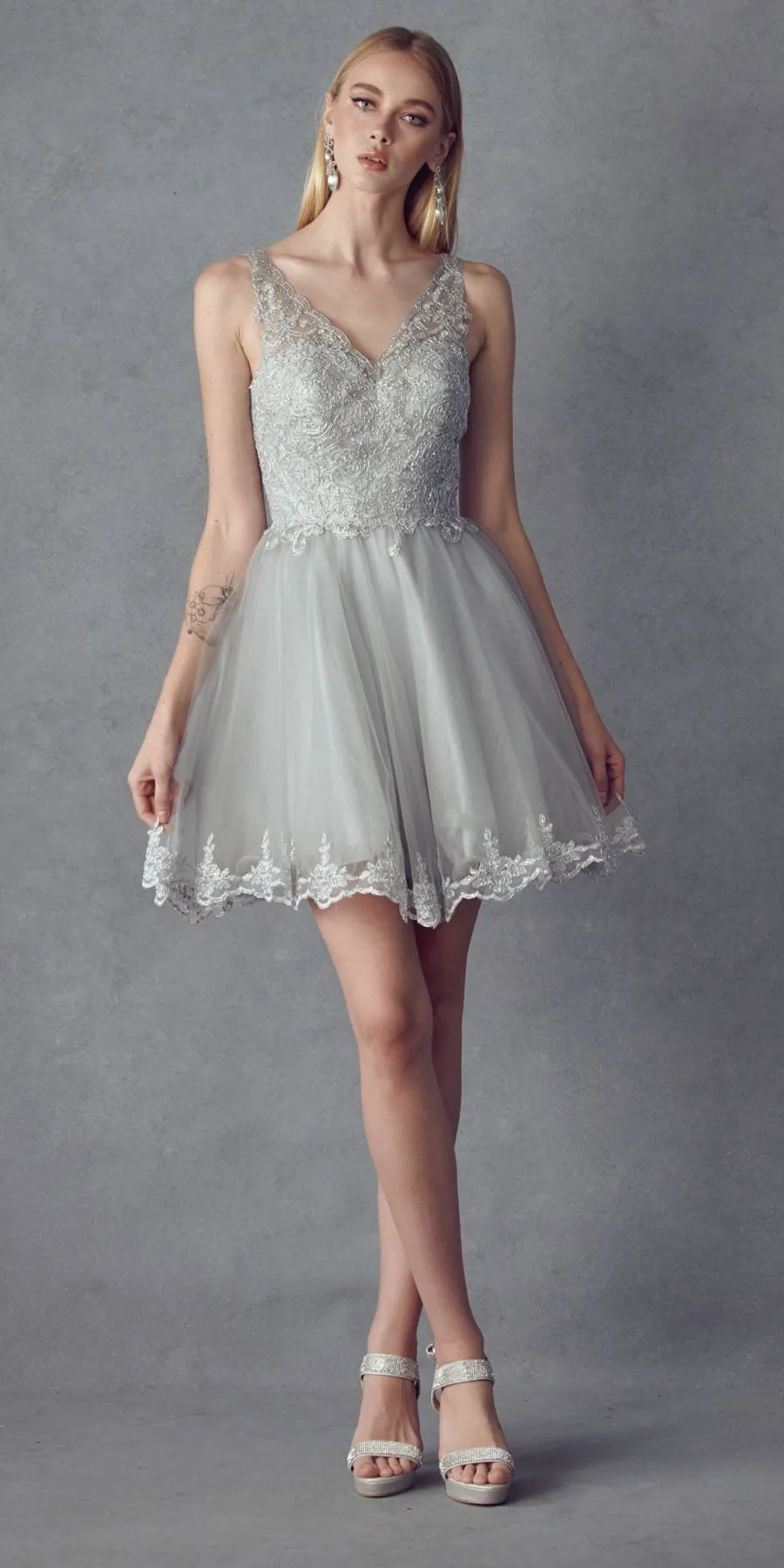 Juliet 835 Short Tulle A-Line Dress Lace Applique Bodice