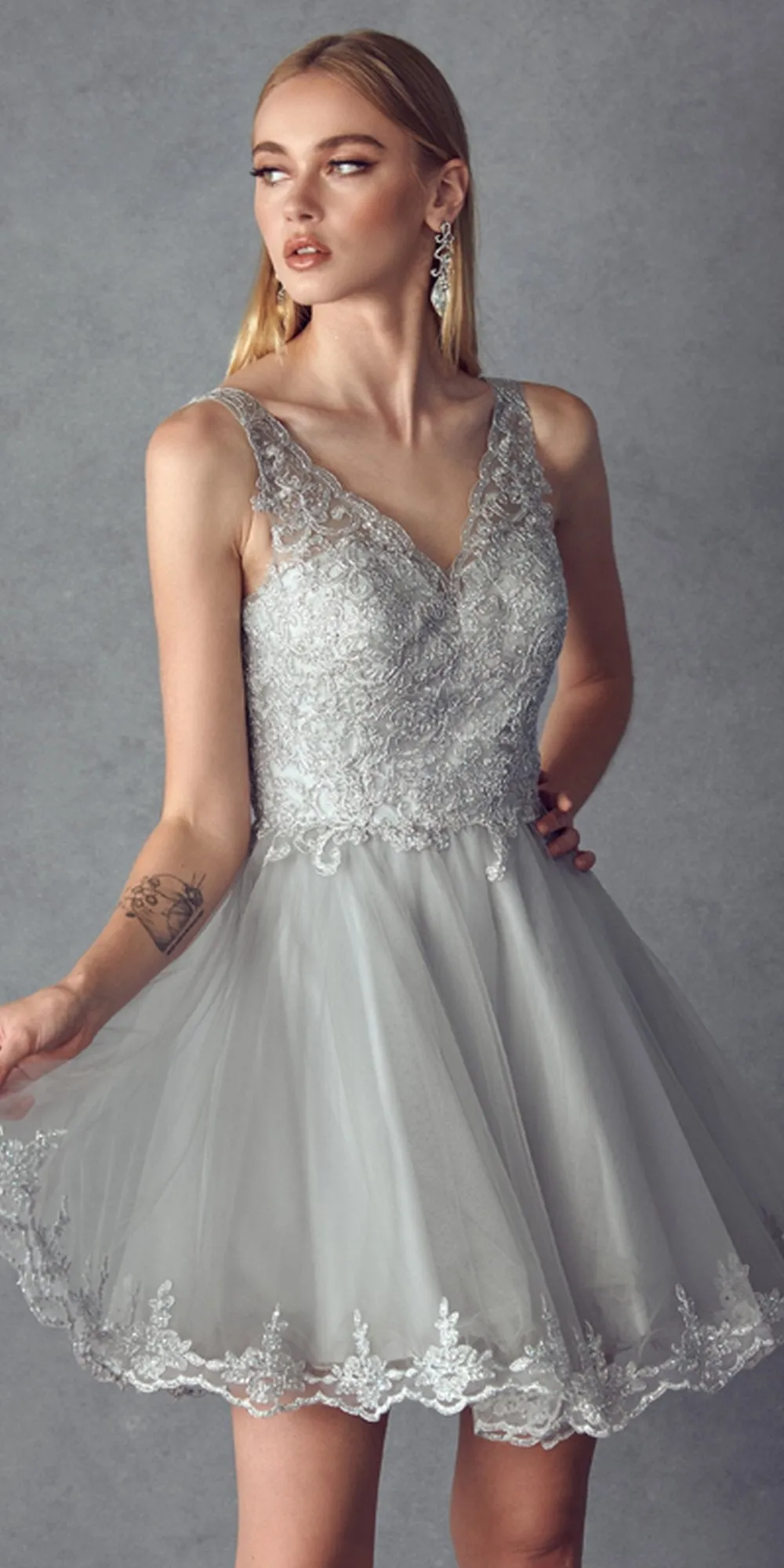 Juliet 835 Short Tulle A-Line Dress Lace Applique Bodice