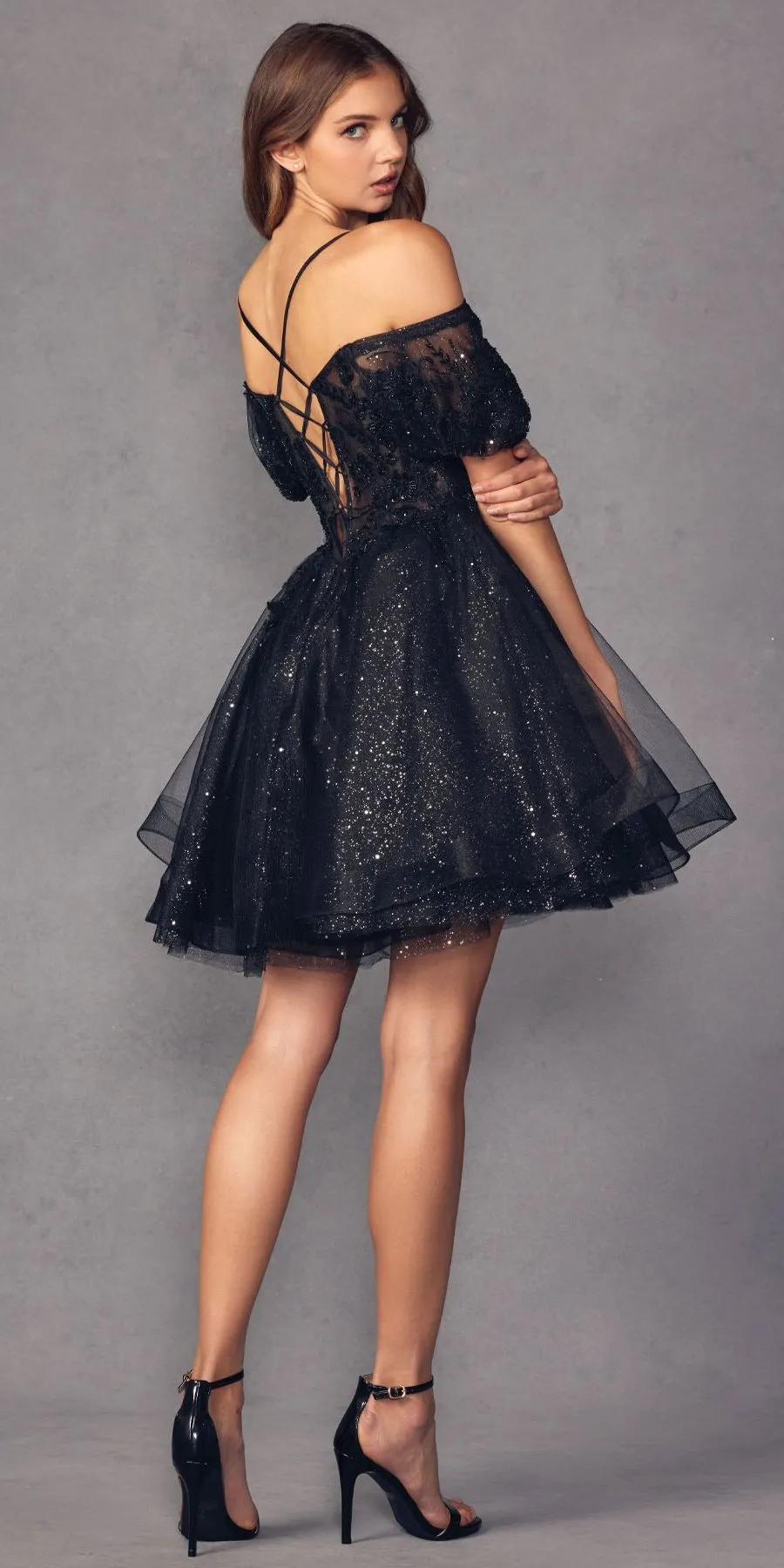 Juliet 886 Short Removable Off Shoulder Puff Sleeves A-Line Tulle Dress