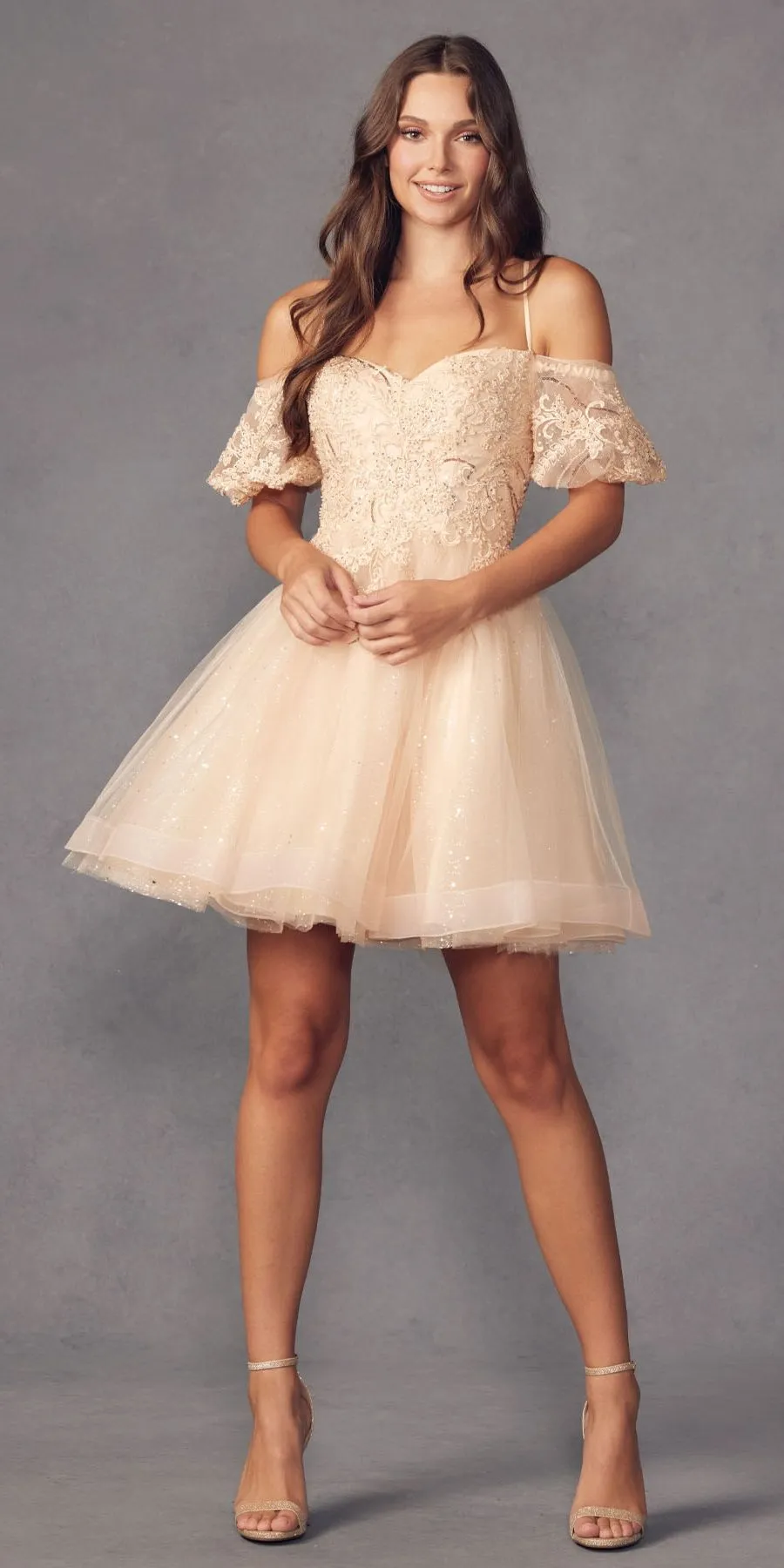 Juliet 886 Short Removable Off Shoulder Puff Sleeves A-Line Tulle Dress