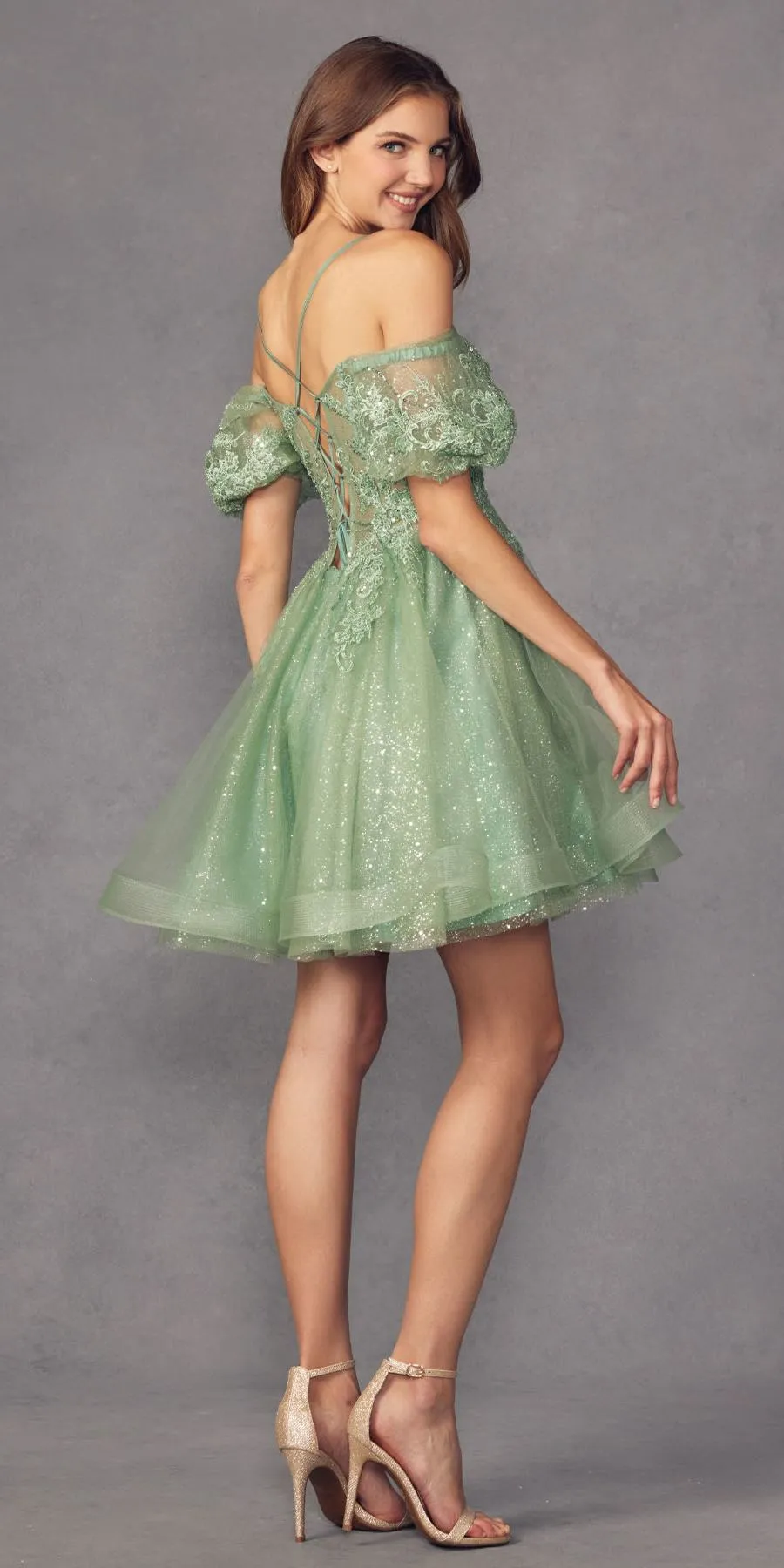 Juliet 886 Short Removable Off Shoulder Puff Sleeves A-Line Tulle Dress
