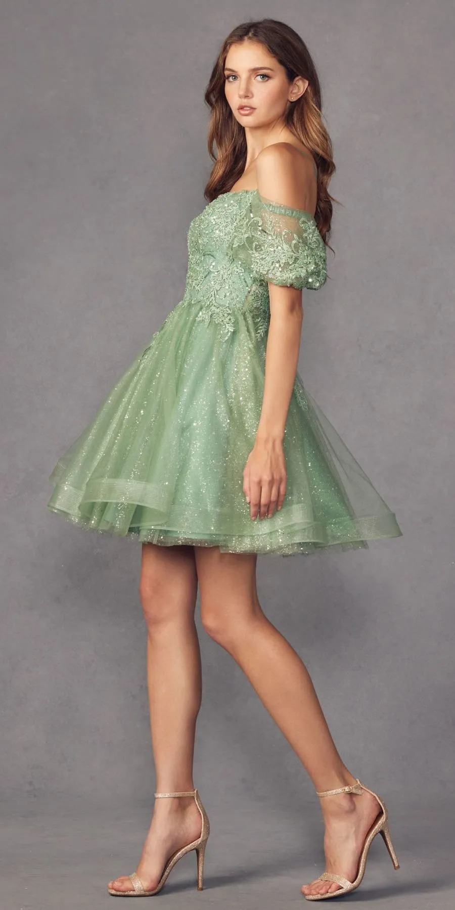 Juliet 886 Short Removable Off Shoulder Puff Sleeves A-Line Tulle Dress