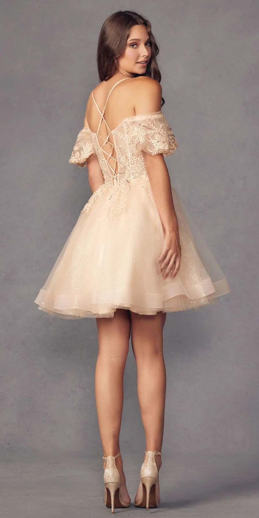 Juliet 886 Short Removable Off Shoulder Puff Sleeves A-Line Tulle Dress
