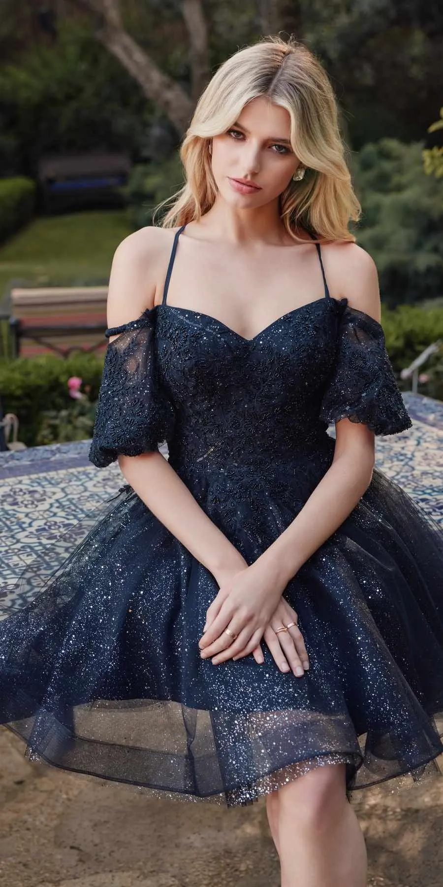 Juliet 886 Short Removable Off Shoulder Puff Sleeves A-Line Tulle Dress