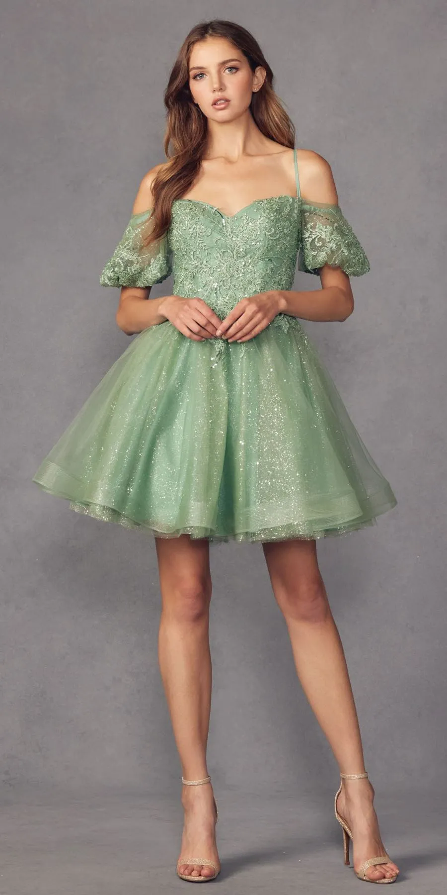 Juliet 886 Short Removable Off Shoulder Puff Sleeves A-Line Tulle Dress
