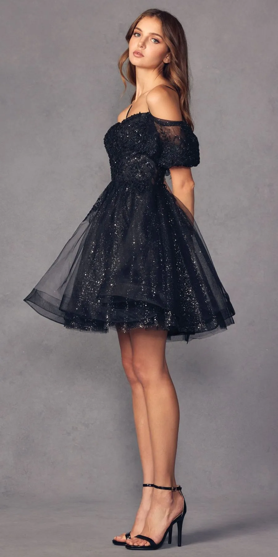 Juliet 886 Short Removable Off Shoulder Puff Sleeves A-Line Tulle Dress