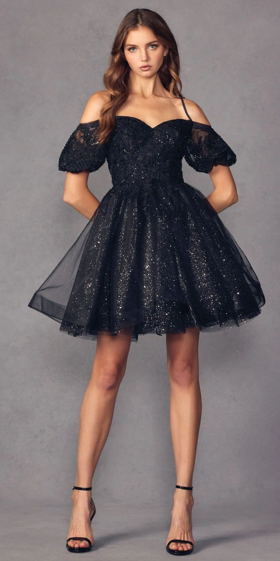 Juliet 886 Short Removable Off Shoulder Puff Sleeves A-Line Tulle Dress