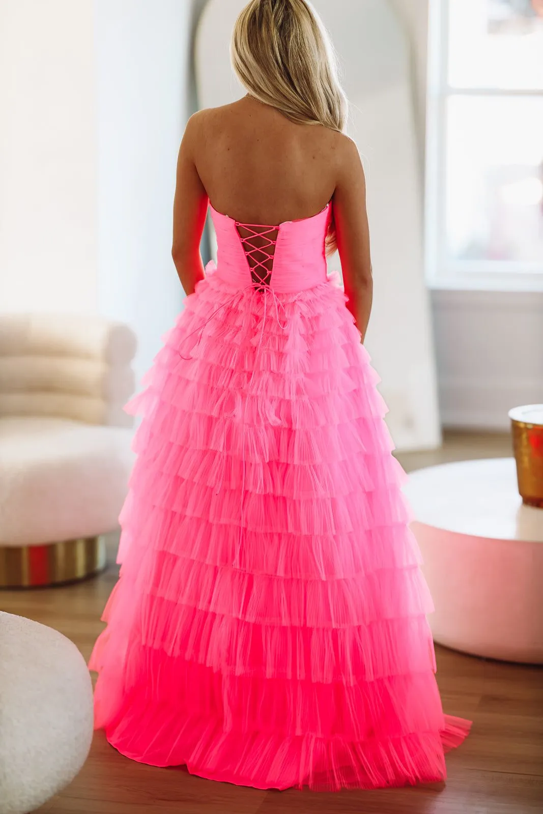 Juliet Ruffle Tiered Maxi Gown - Hot Pink