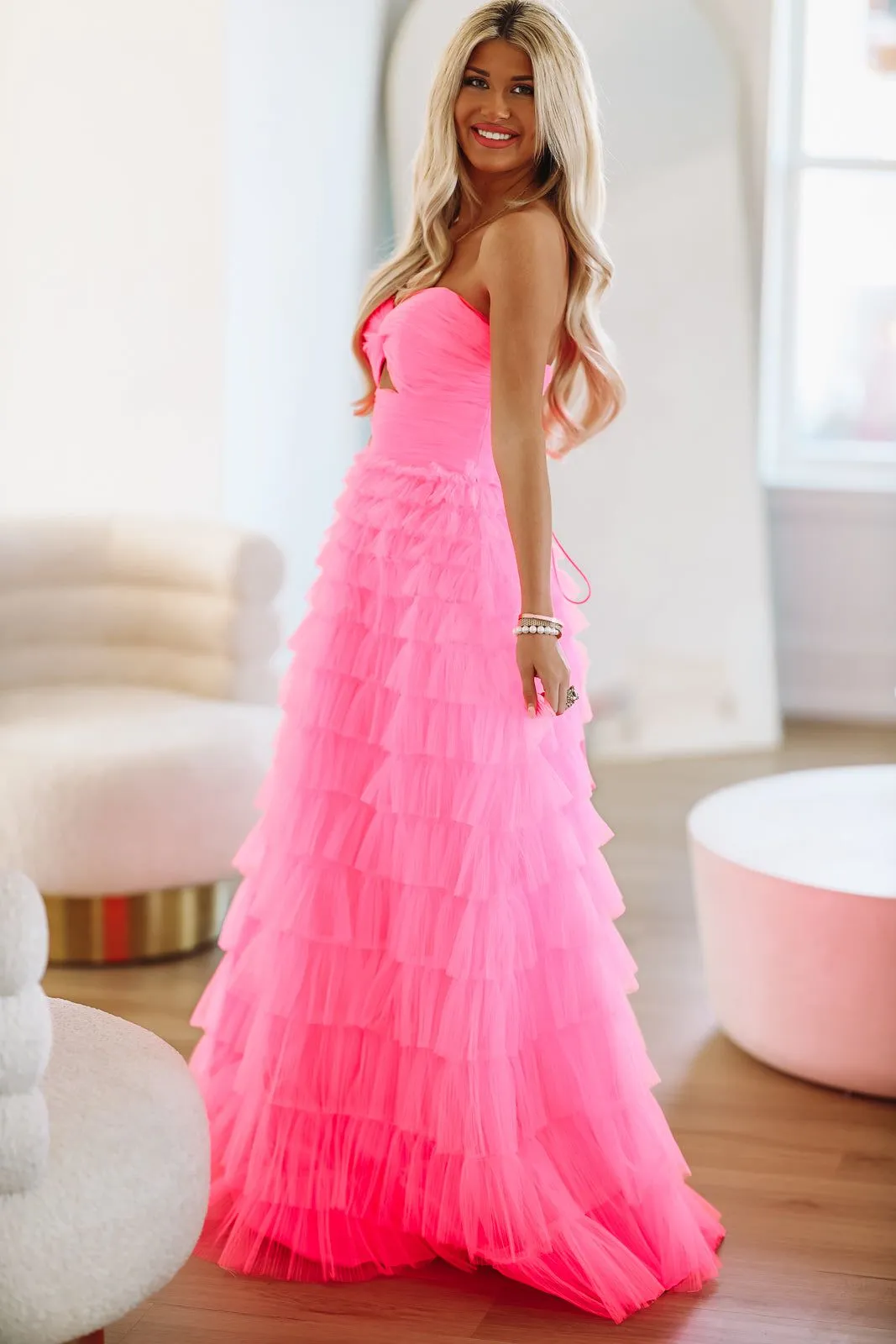 Juliet Ruffle Tiered Maxi Gown - Hot Pink