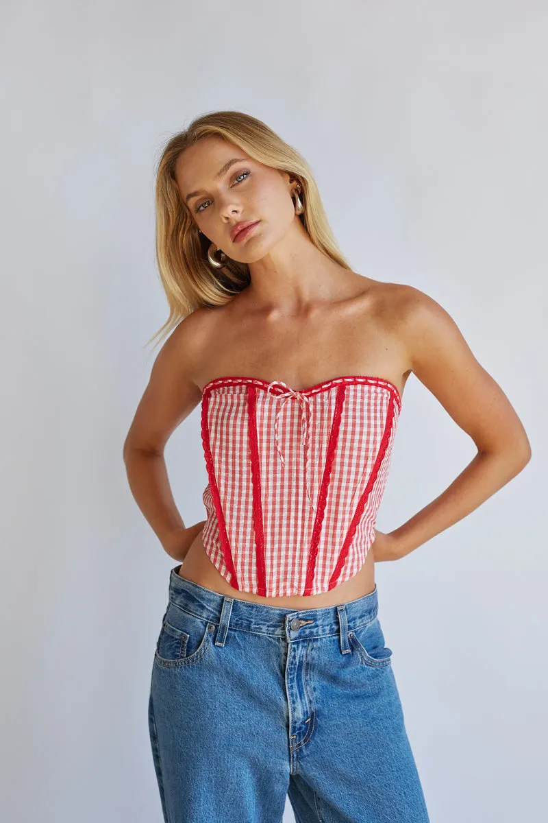 Kacey Lace Gingham Front Tie Corset