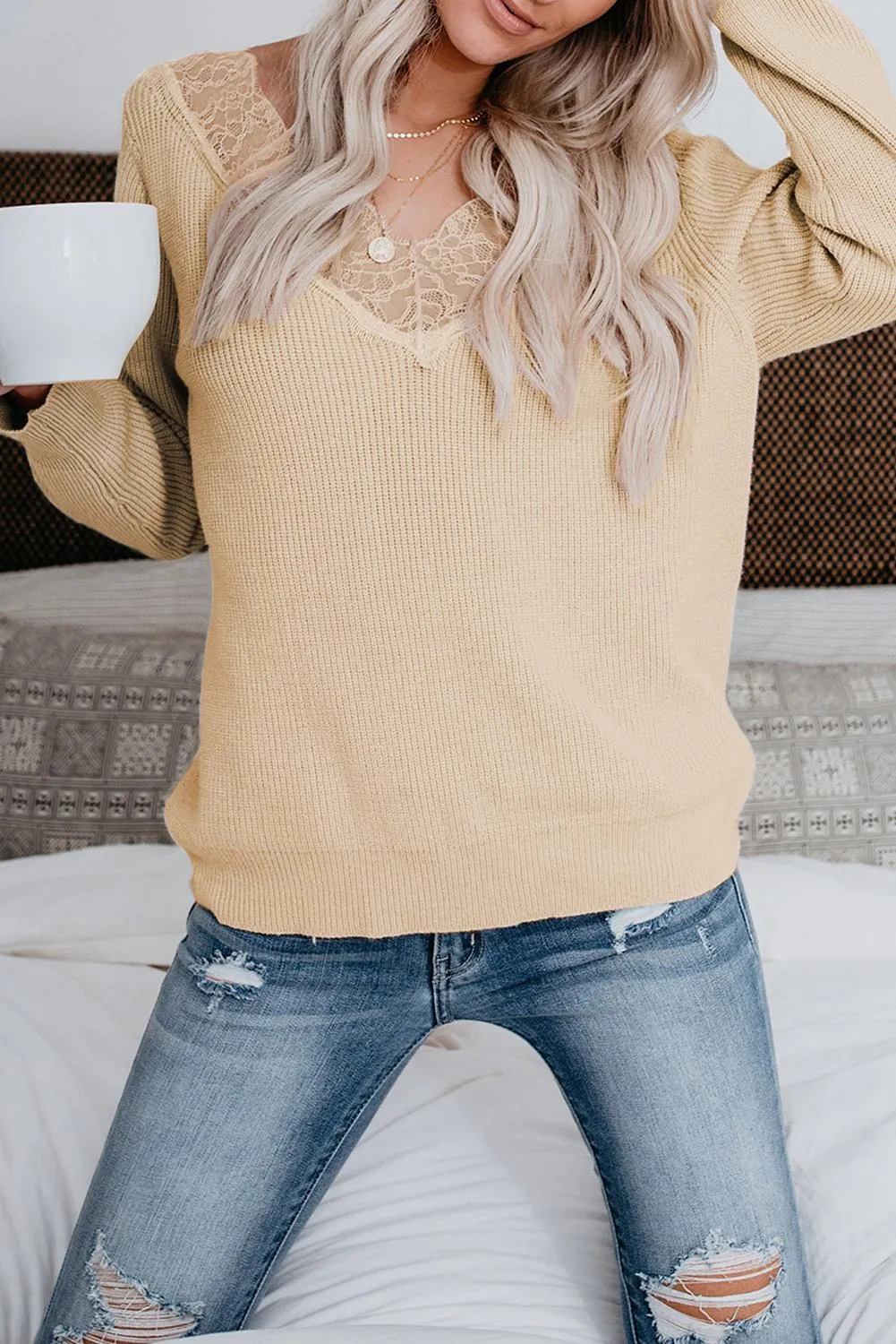 Khaki Lace Collar V Neck Ribbed Sweater