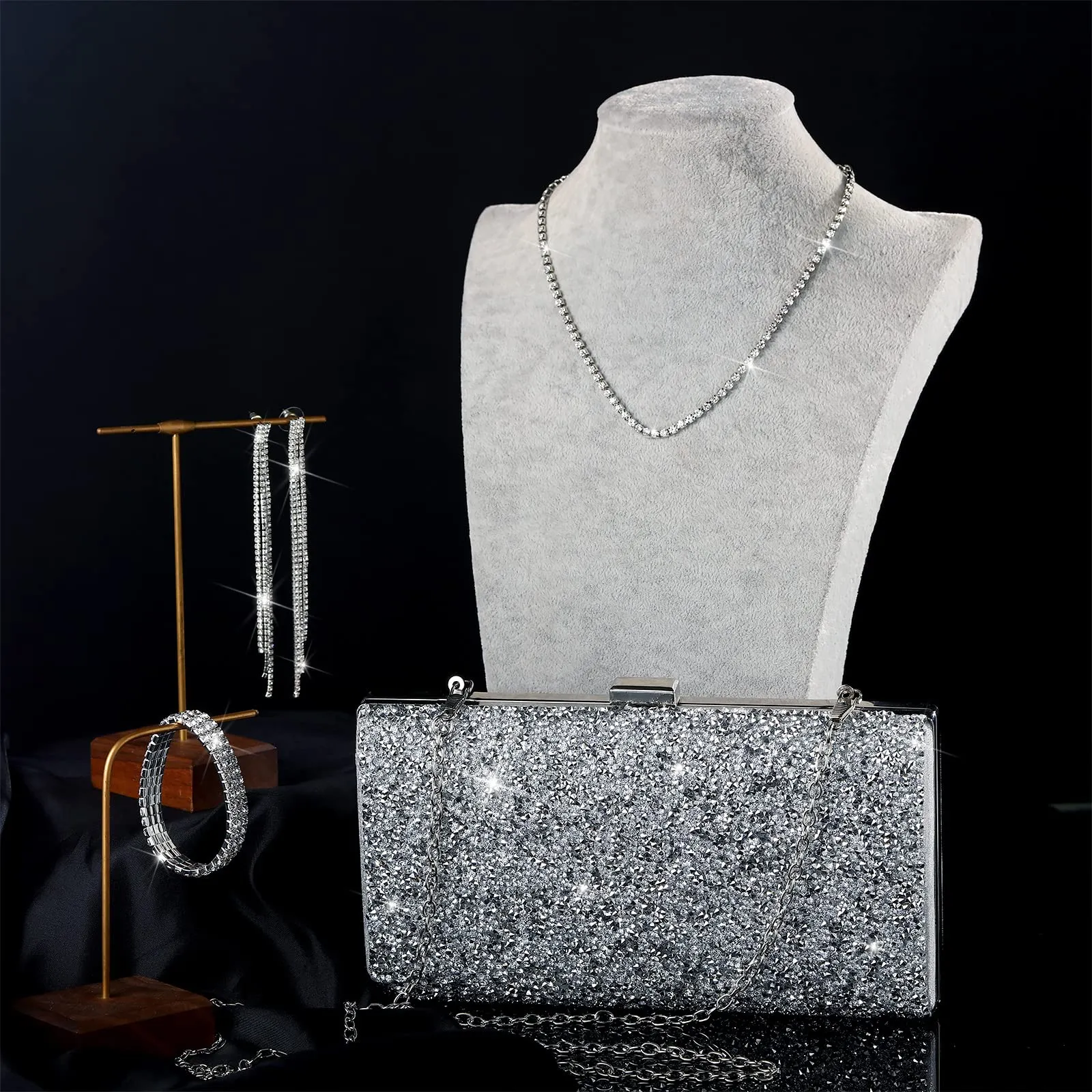 Kigeli 4Pcs Silver Clutch Bag Jewelry Set, Rhinestone Shiny Evening bag