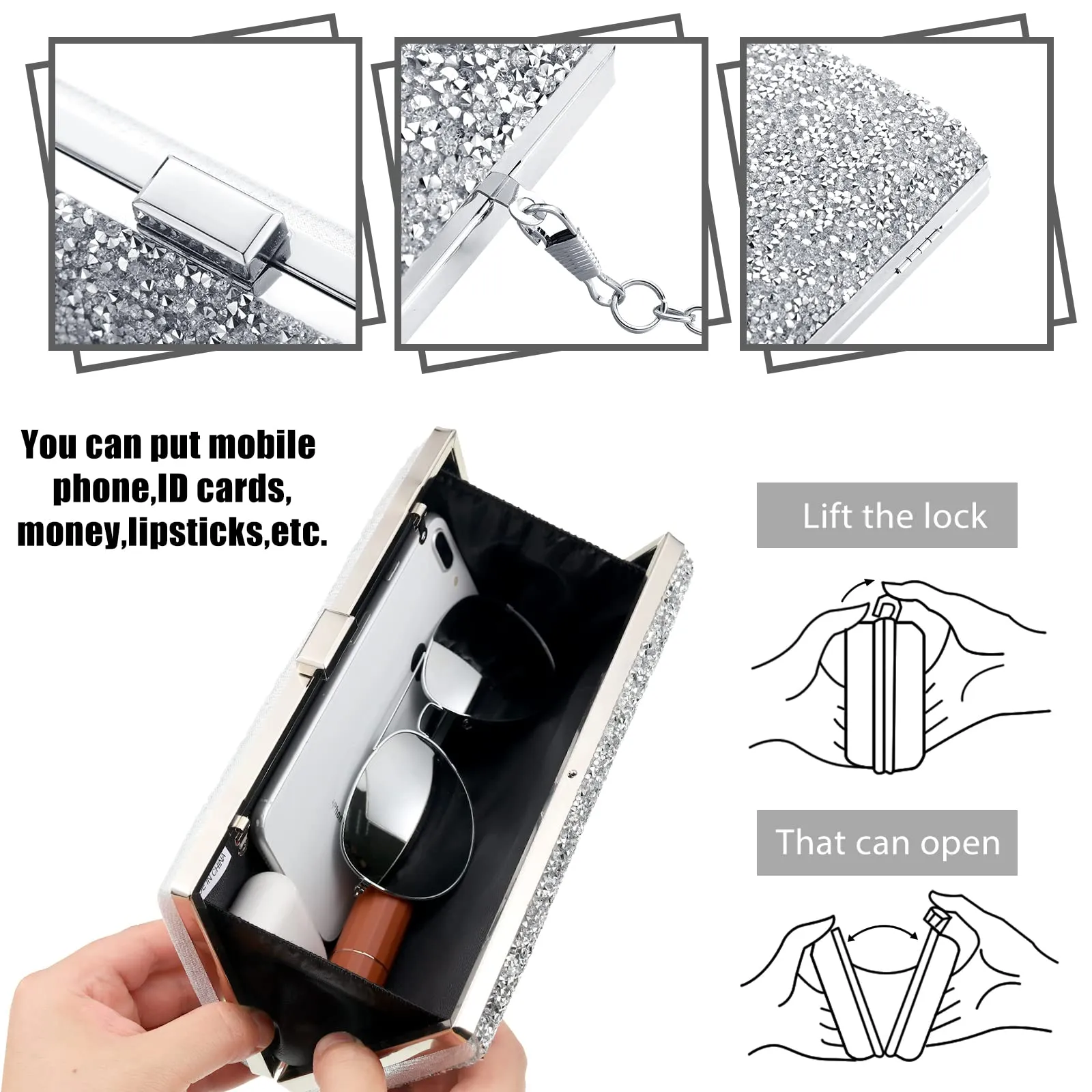 Kigeli 4Pcs Silver Clutch Bag Jewelry Set, Rhinestone Shiny Evening bag