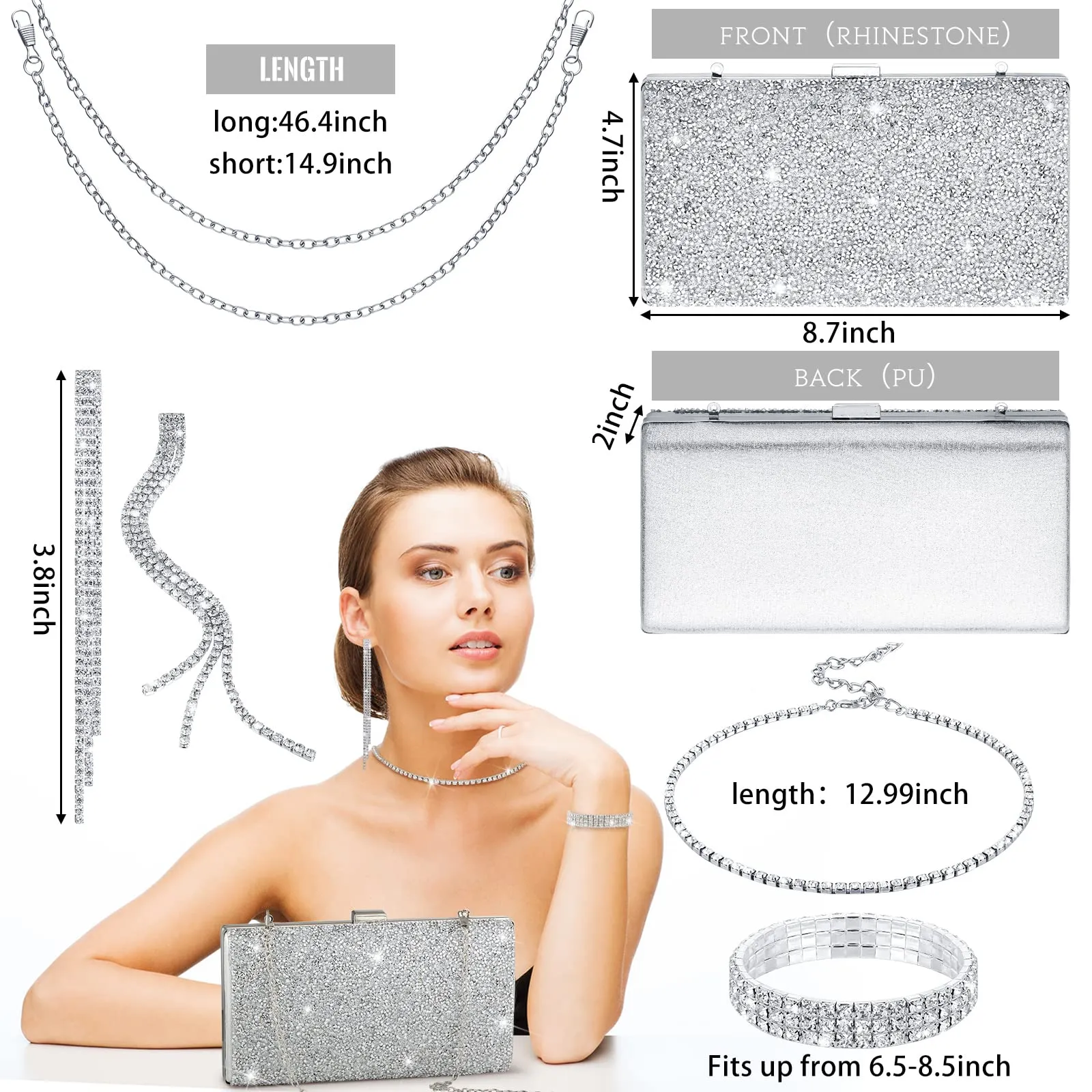 Kigeli 4Pcs Silver Clutch Bag Jewelry Set, Rhinestone Shiny Evening bag